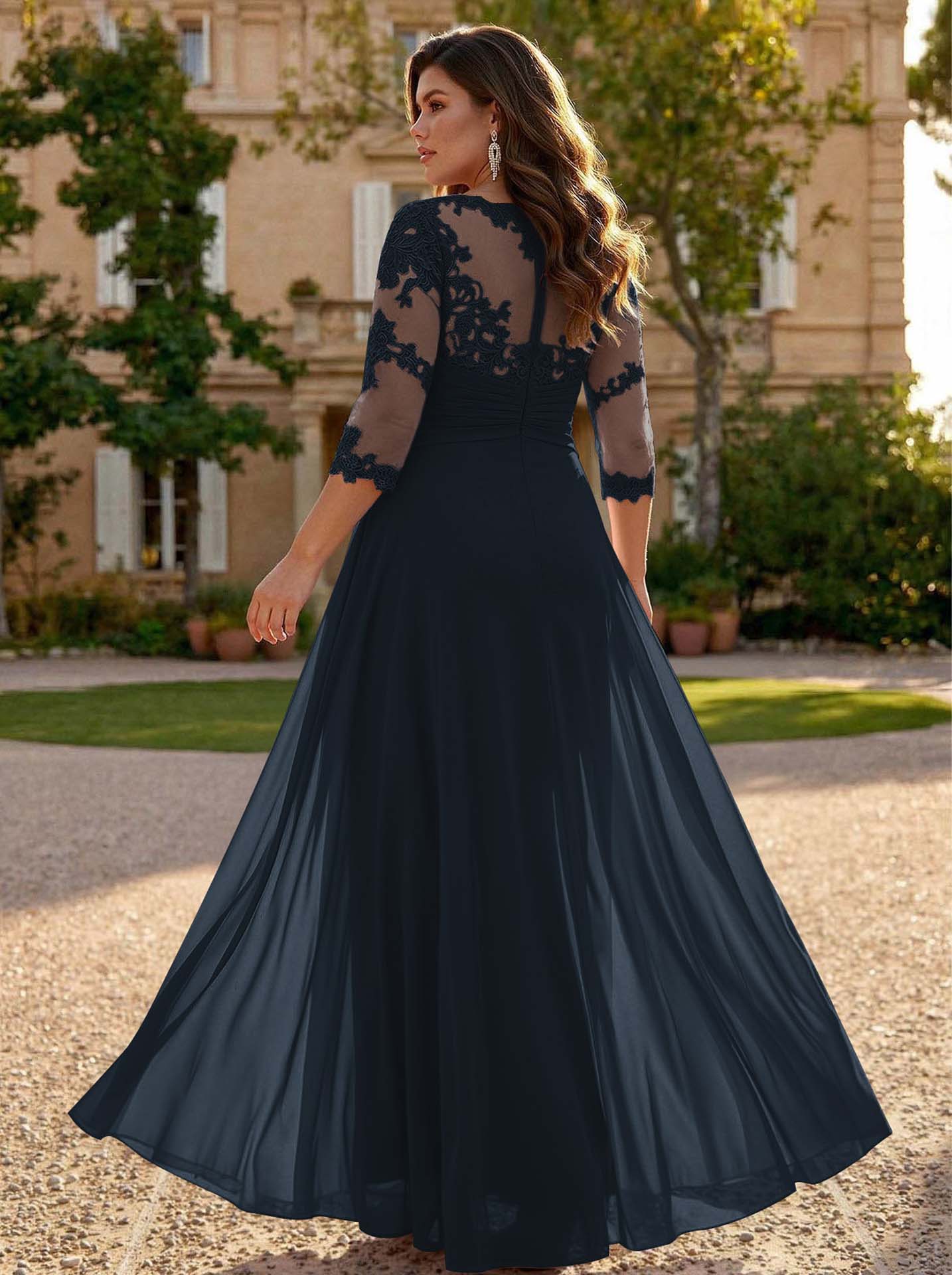 Jumpsuit/Pantsuit Scoop Neck 3/4 Sleeves Detachable Chiffon Mother Of The Bride Dresses With Lace