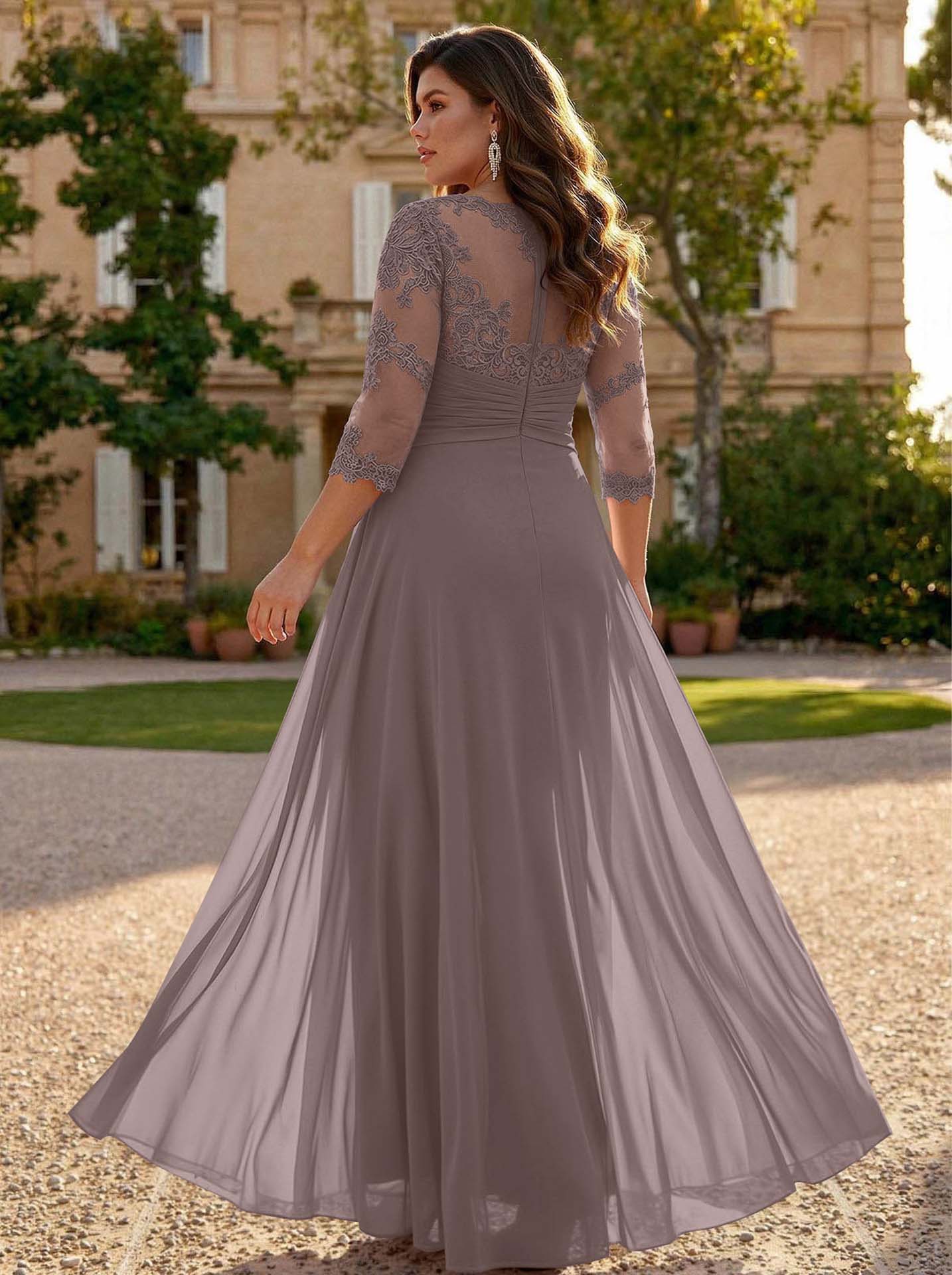 Jumpsuit/Pantsuit Scoop Neck 3/4 Sleeves Detachable Chiffon Mother Of The Bride Dresses With Lace