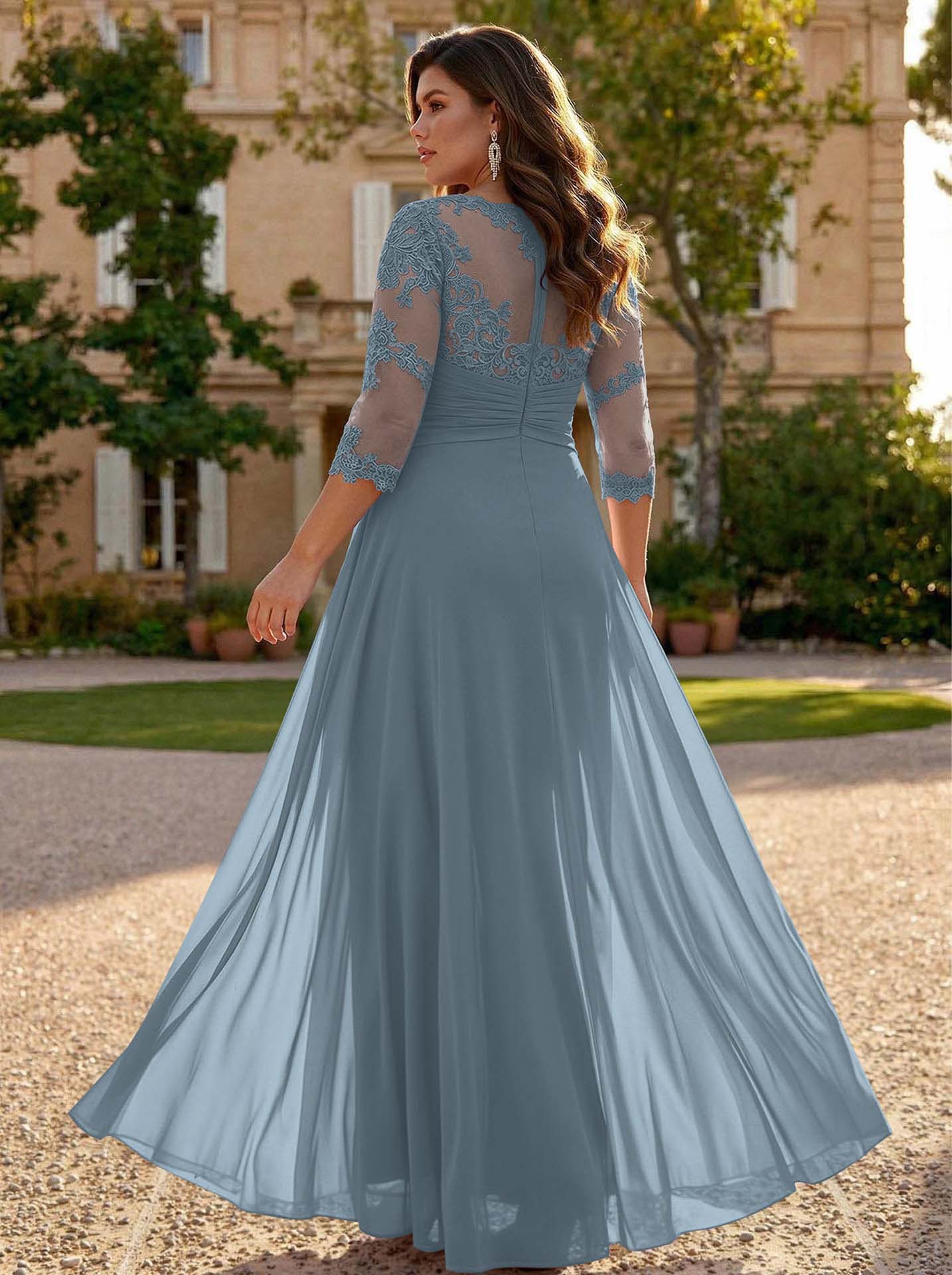 Jumpsuit/Pantsuit Scoop Neck 3/4 Sleeves Detachable Chiffon Mother Of The Bride Dresses With Lace