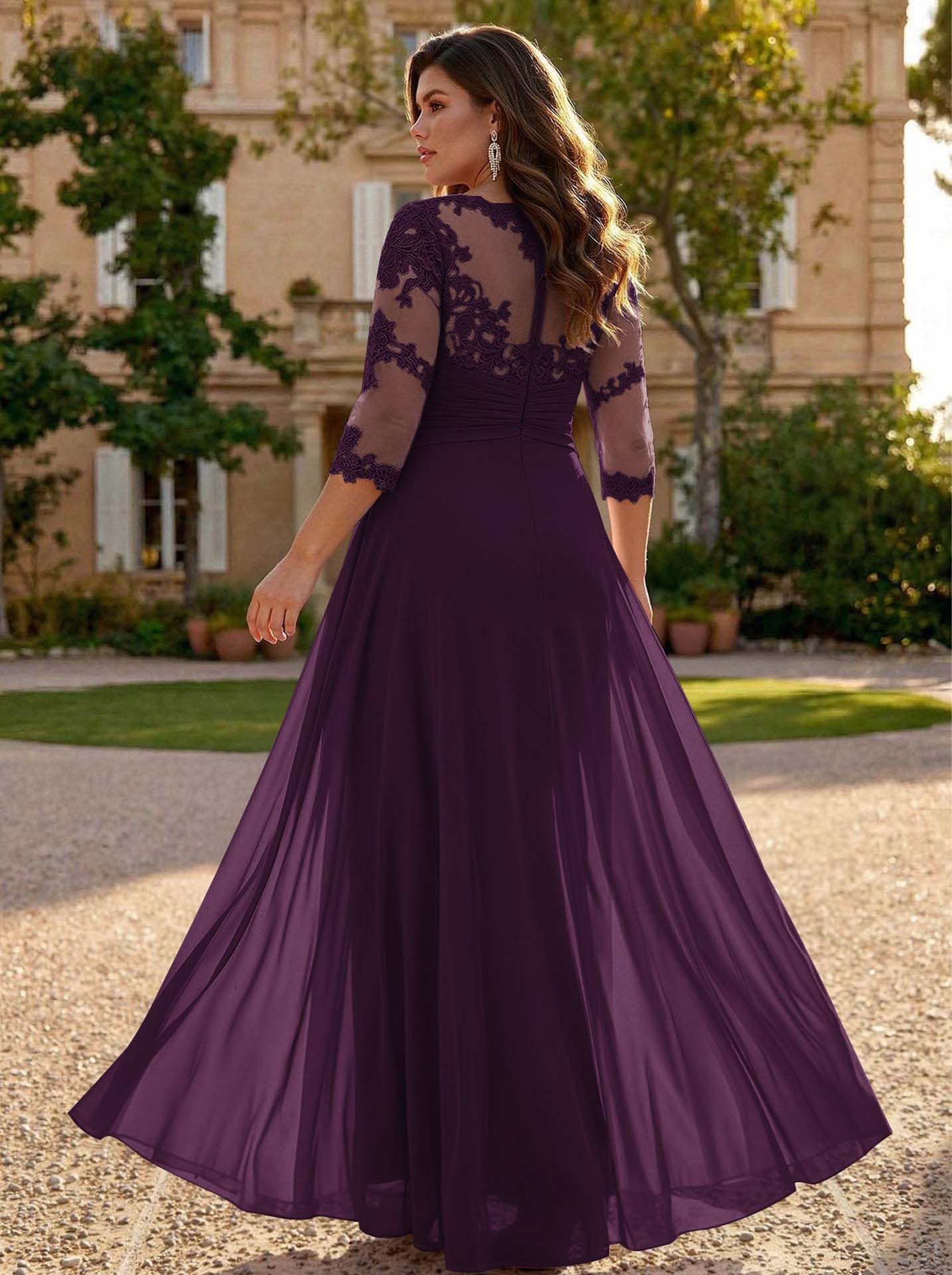 Jumpsuit/Pantsuit Scoop Neck 3/4 Sleeves Detachable Chiffon Mother Of The Bride Dresses With Lace