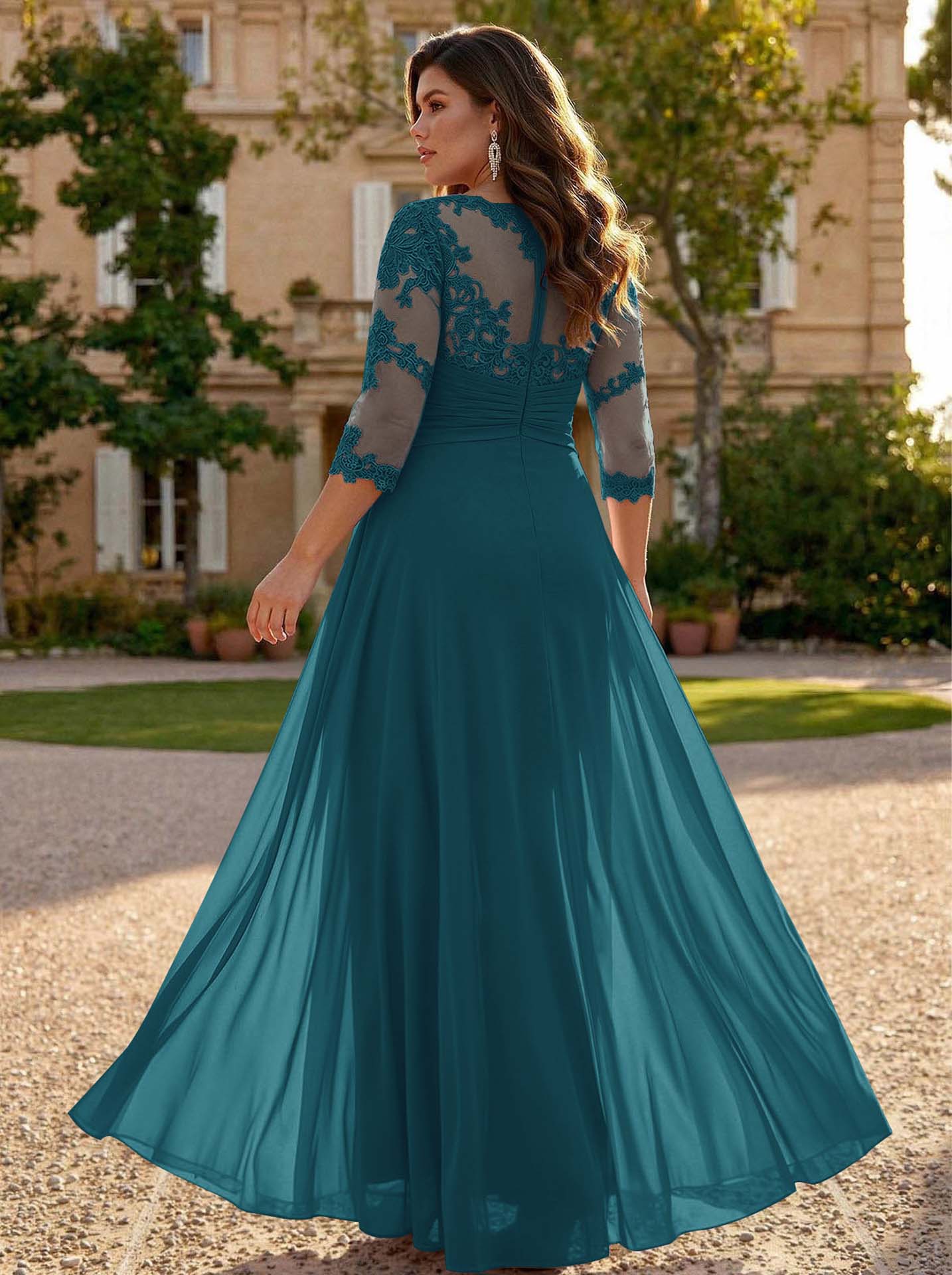 Jumpsuit/Pantsuit Scoop Neck 3/4 Sleeves Detachable Chiffon Mother Of The Bride Dresses With Lace