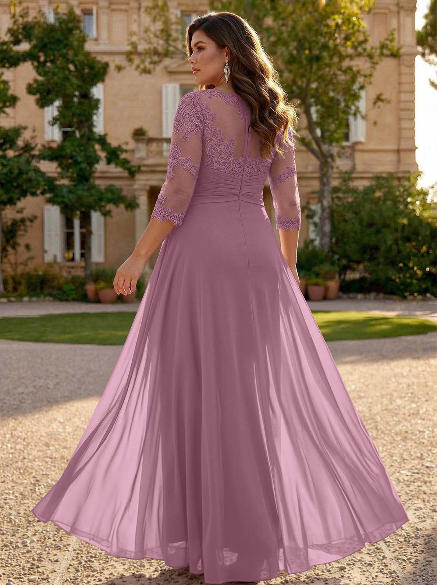 Jumpsuit/Pantsuit Scoop Neck 3/4 Sleeves Detachable Chiffon Mother Of The Bride Dresses With Lace
