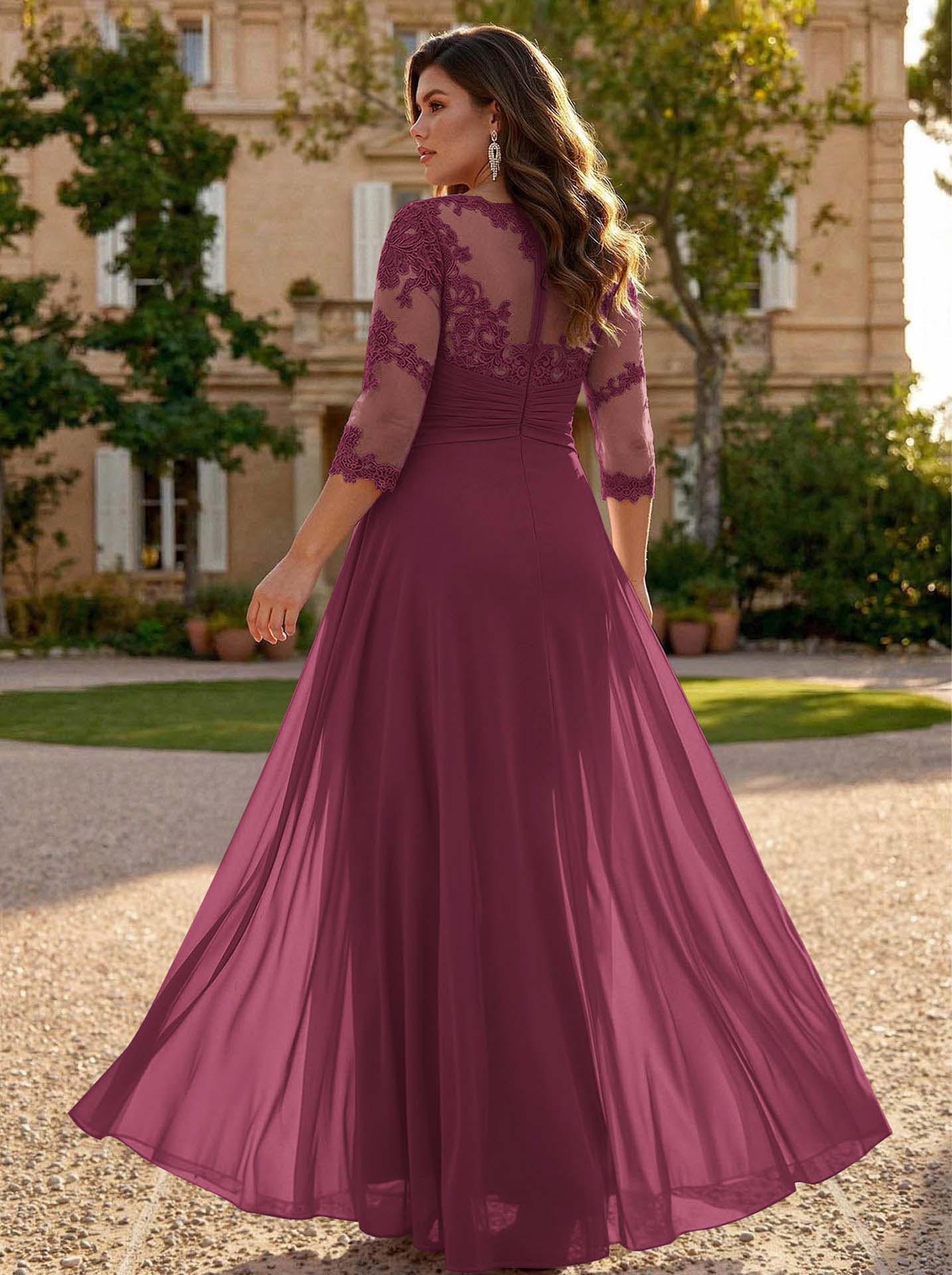 Jumpsuit/Pantsuit Scoop Neck 3/4 Sleeves Detachable Chiffon Mother Of The Bride Dresses With Lace