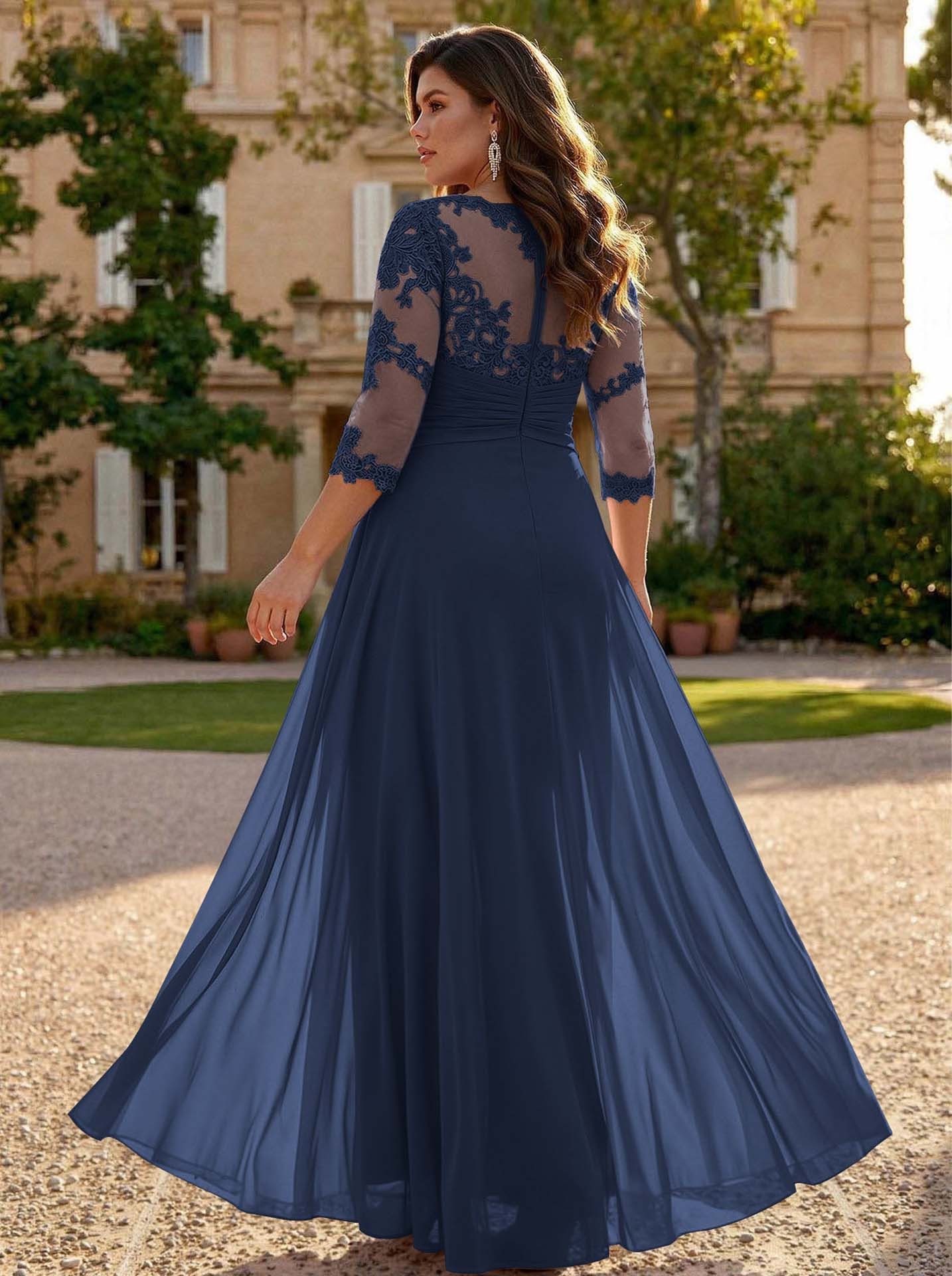 Jumpsuit/Pantsuit Scoop Neck 3/4 Sleeves Detachable Chiffon Mother Of The Bride Dresses With Lace