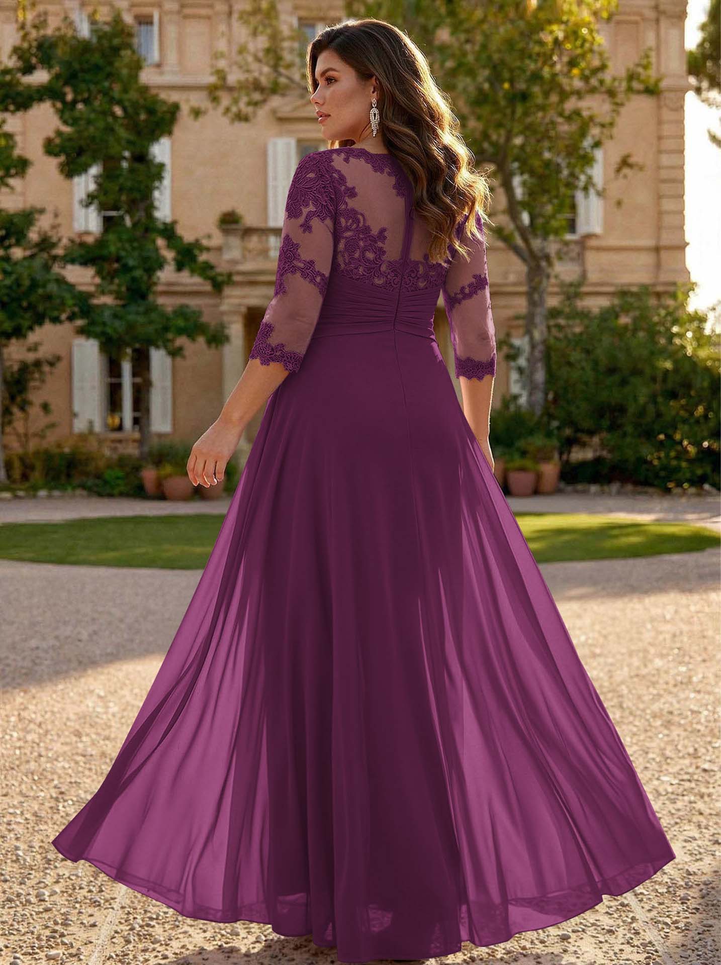 Jumpsuit/Pantsuit Scoop Neck 3/4 Sleeves Detachable Chiffon Mother Of The Bride Dresses With Lace