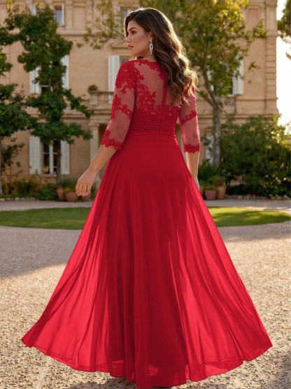 Jumpsuit/Pantsuit Scoop Neck 3/4 Sleeves Detachable Chiffon Mother Of The Bride Dresses With Lace