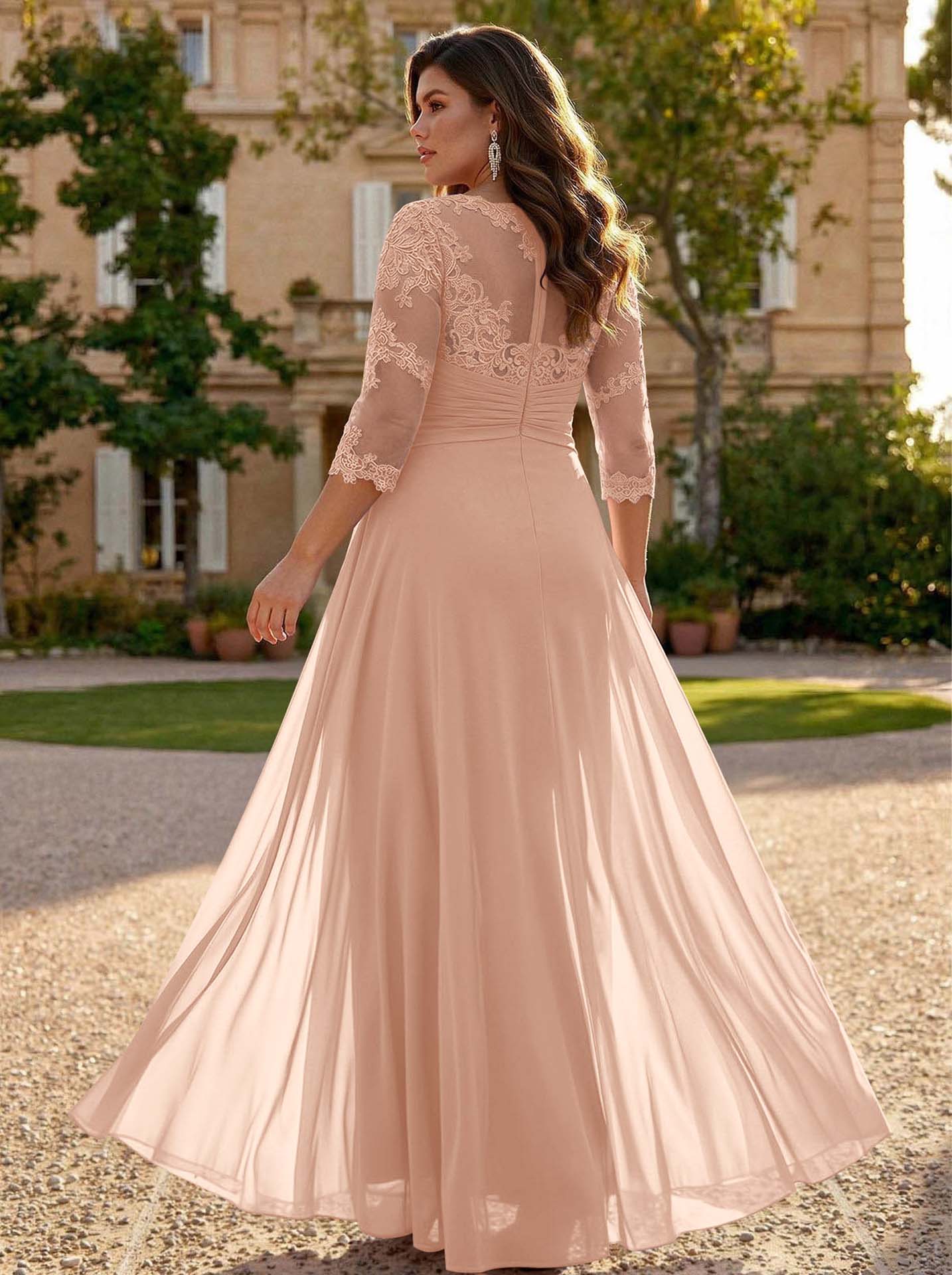Jumpsuit/Pantsuit Scoop Neck 3/4 Sleeves Detachable Chiffon Mother Of The Bride Dresses With Lace