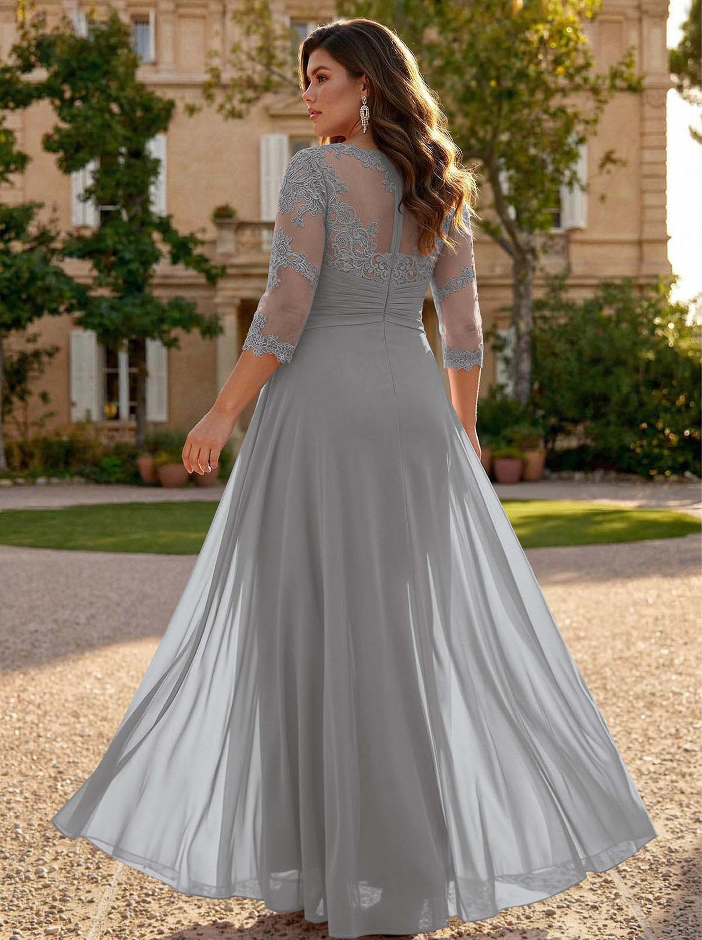 Jumpsuit/Pantsuit Scoop Neck 3/4 Sleeves Detachable Chiffon Mother Of The Bride Dresses With Lace