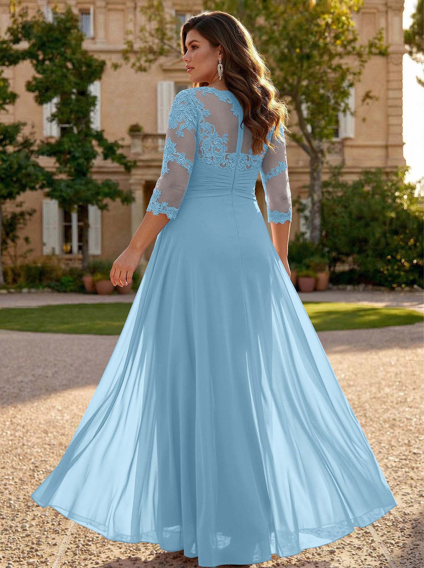 Jumpsuit/Pantsuit Scoop Neck 3/4 Sleeves Detachable Chiffon Mother Of The Bride Dresses With Lace