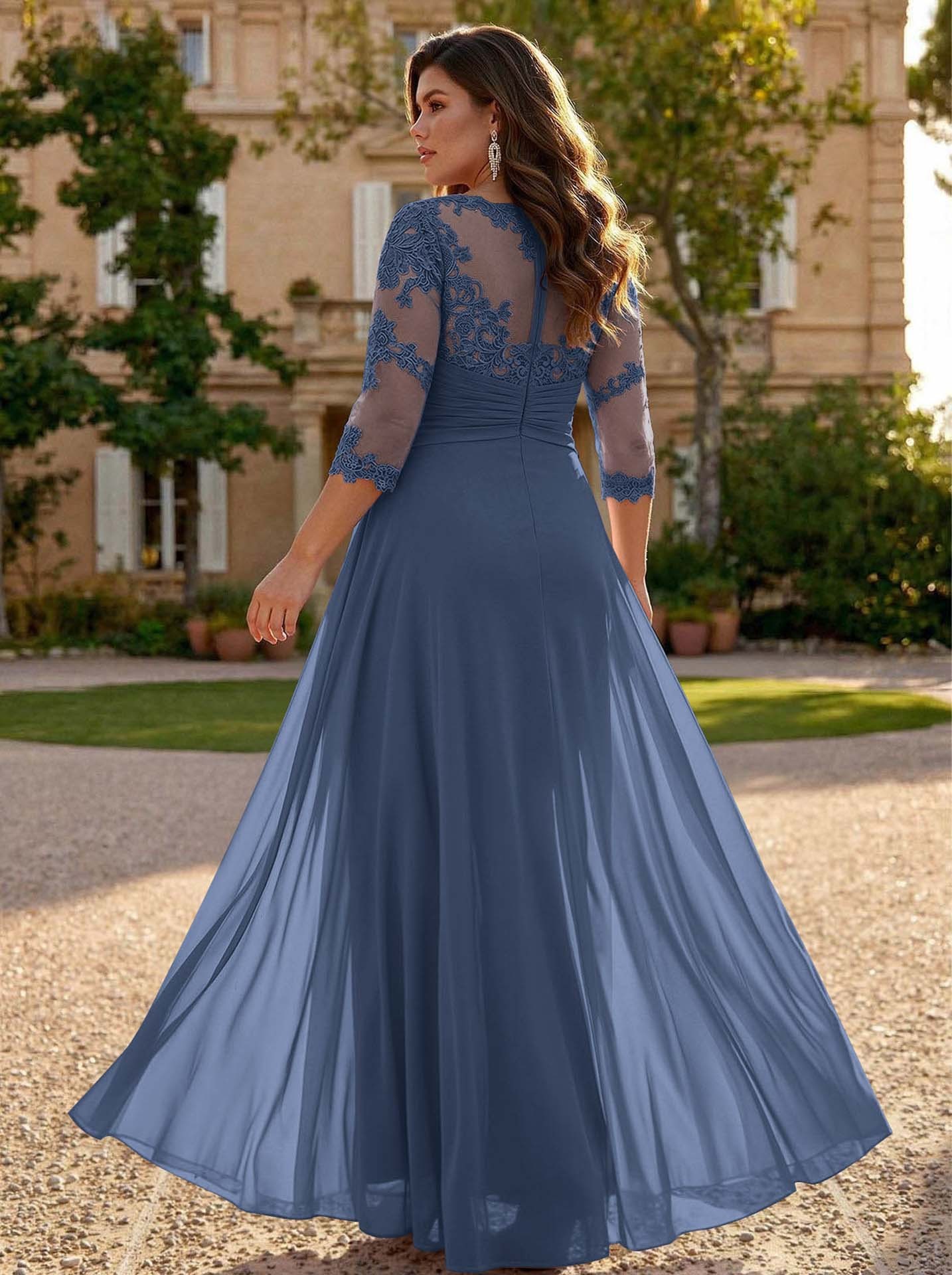 Jumpsuit/Pantsuit Scoop Neck 3/4 Sleeves Detachable Chiffon Mother Of The Bride Dresses With Lace