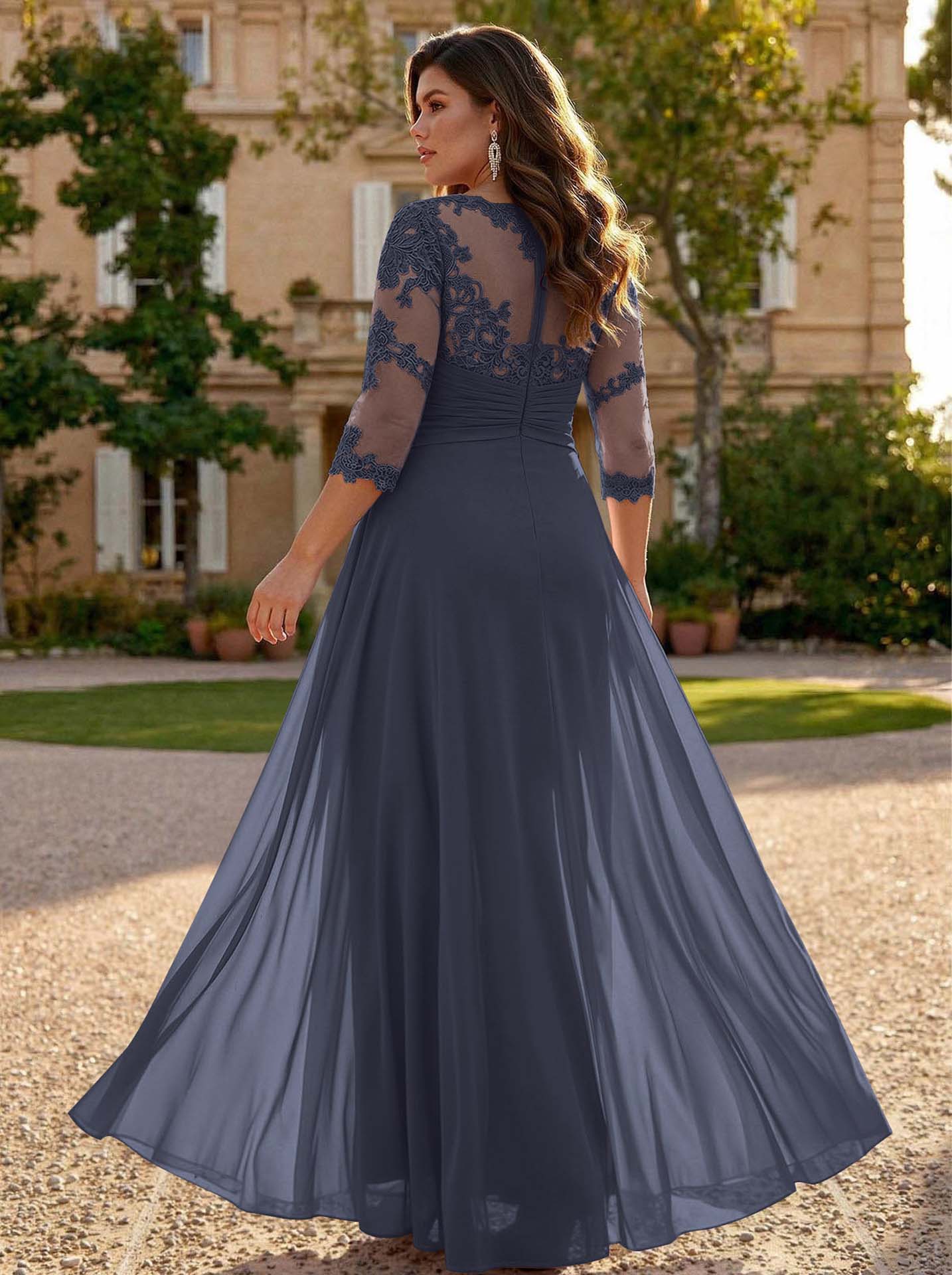 Jumpsuit/Pantsuit Scoop Neck 3/4 Sleeves Detachable Chiffon Mother Of The Bride Dresses With Lace