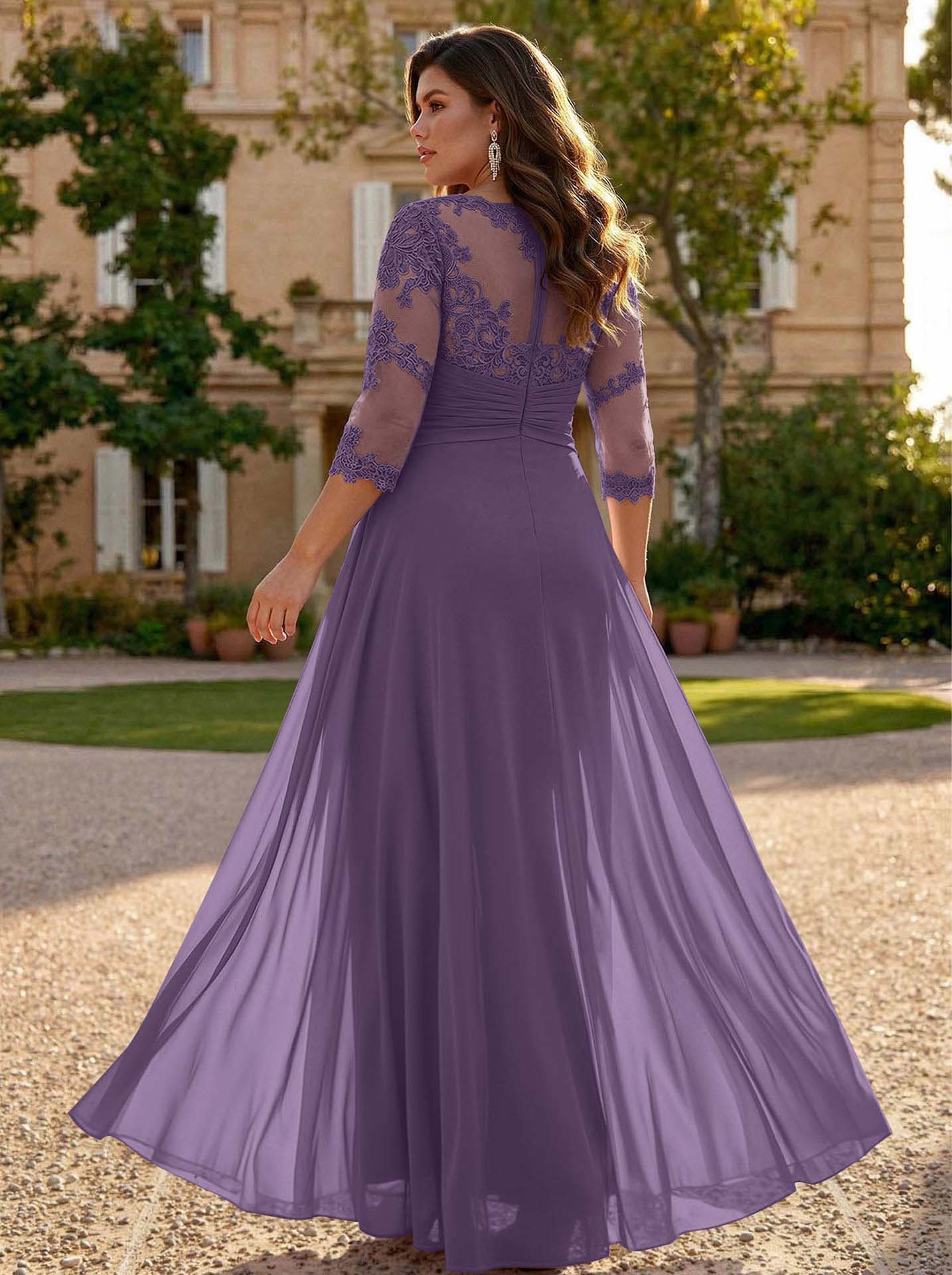 Jumpsuit/Pantsuit Scoop Neck 3/4 Sleeves Detachable Chiffon Mother Of The Bride Dresses With Lace