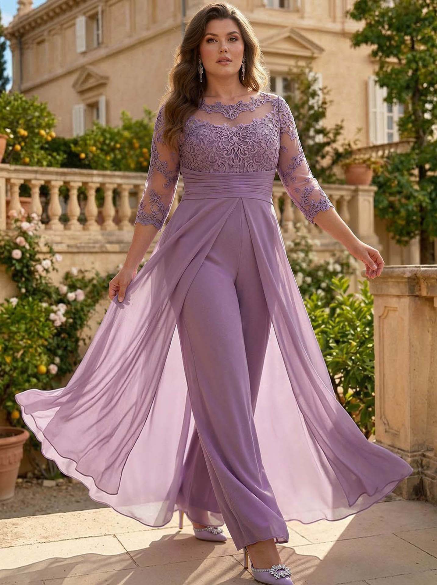 Jumpsuit/Pantsuit Scoop Neck 3/4 Sleeves Detachable Chiffon Mother Of The Bride Dresses With Lace