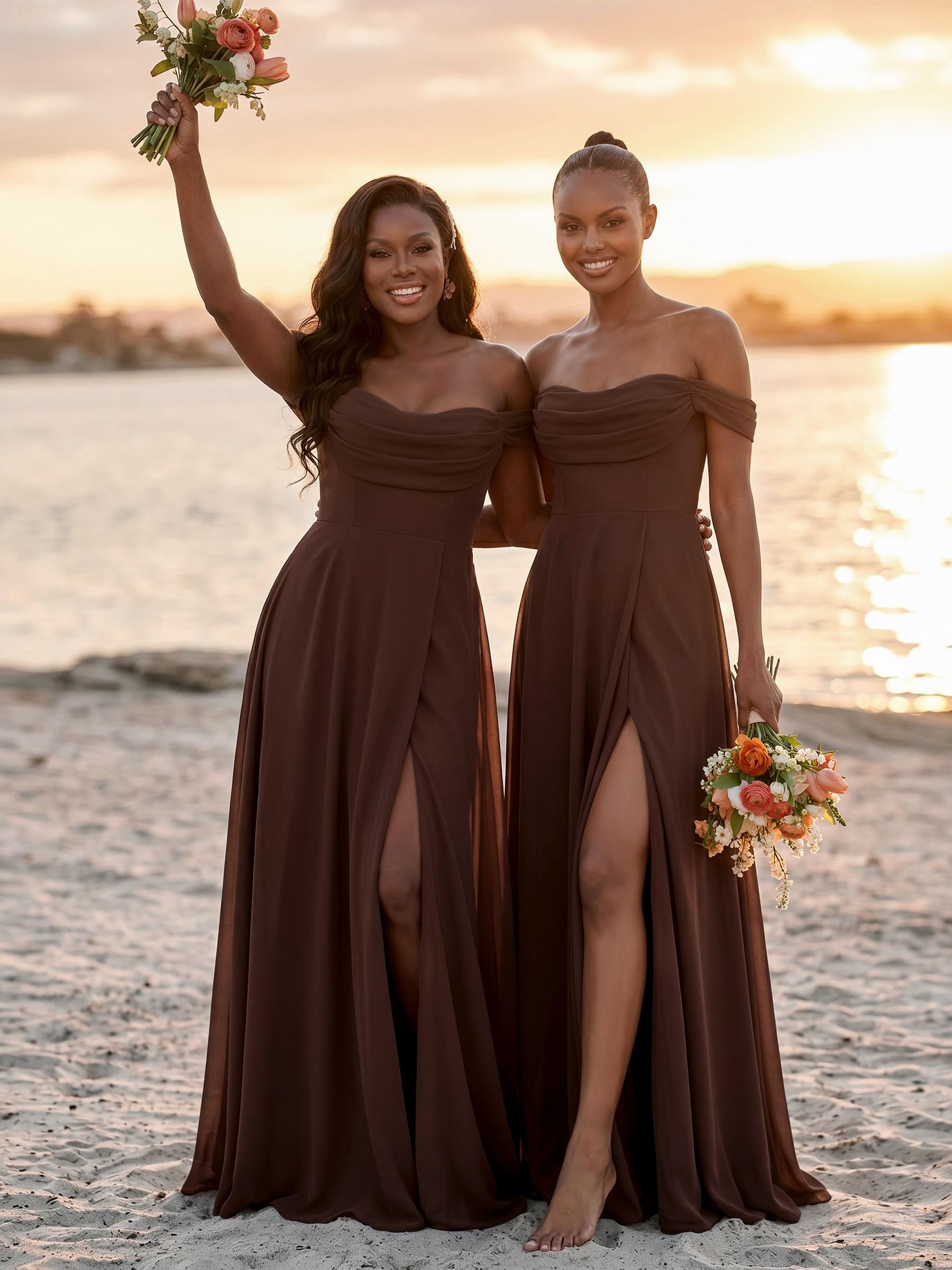 A-Line Off-The-Shoulder Sleeveless Floor-Length Chiffon Bridesmaid Dresses With Split Front, product image 1
