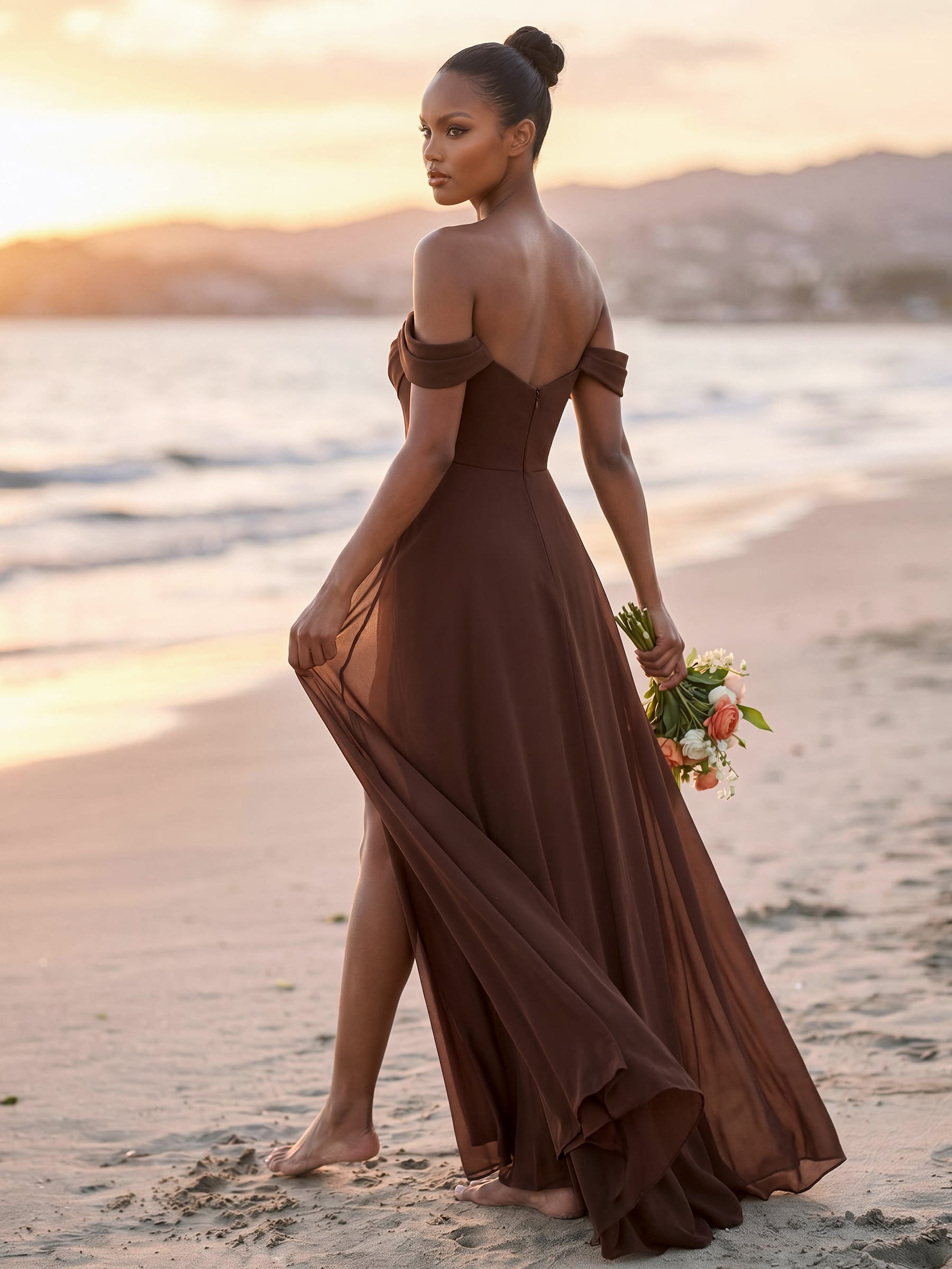 A-Line Off-The-Shoulder Sleeveless Floor-Length Chiffon Bridesmaid Dresses With Split Front, product image 2