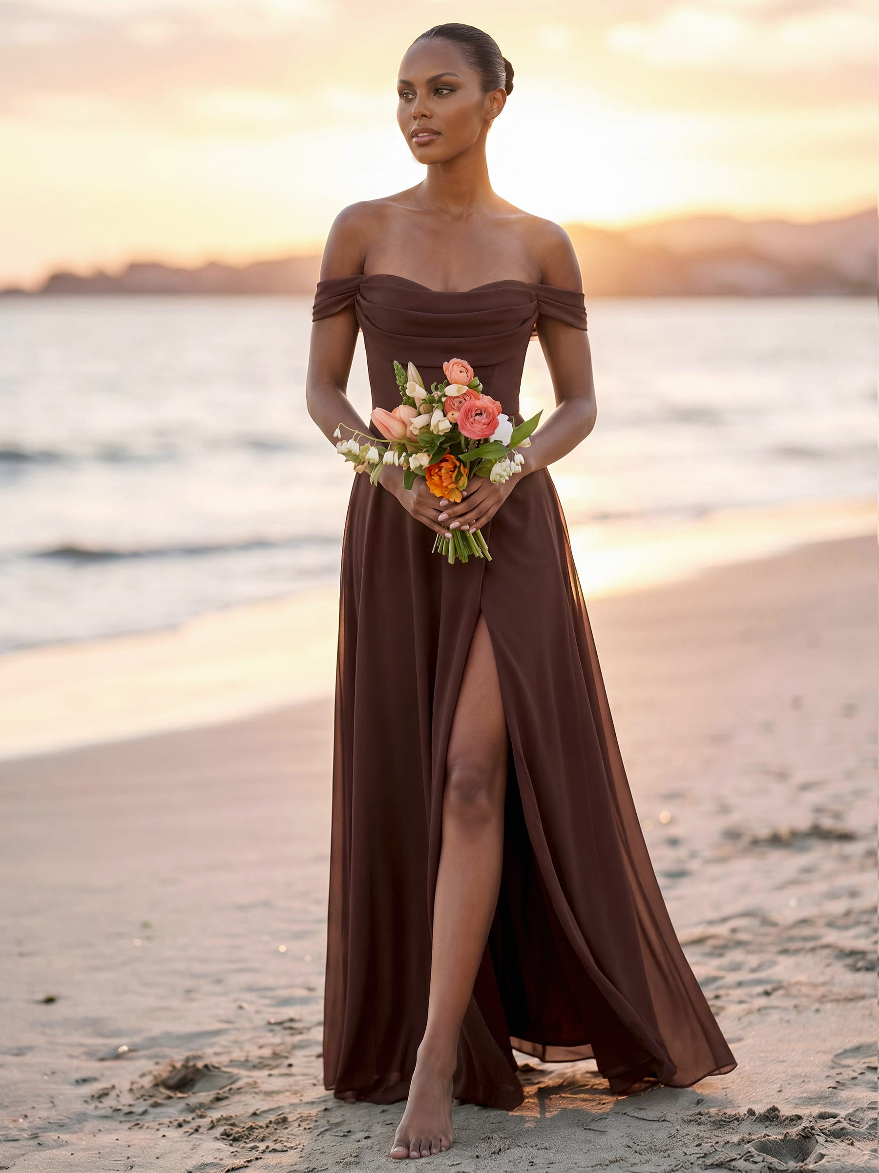 A-Line Off-The-Shoulder Sleeveless Floor-Length Chiffon Bridesmaid Dresses With Split Front, product image 3