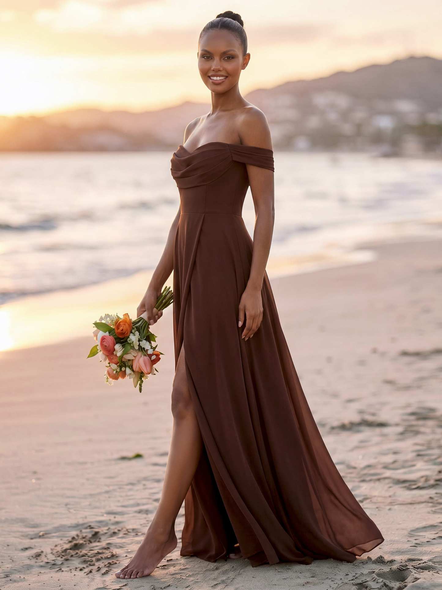 A-Line Off-The-Shoulder Sleeveless Floor-Length Chiffon Bridesmaid Dresses With Split Front, product image 4