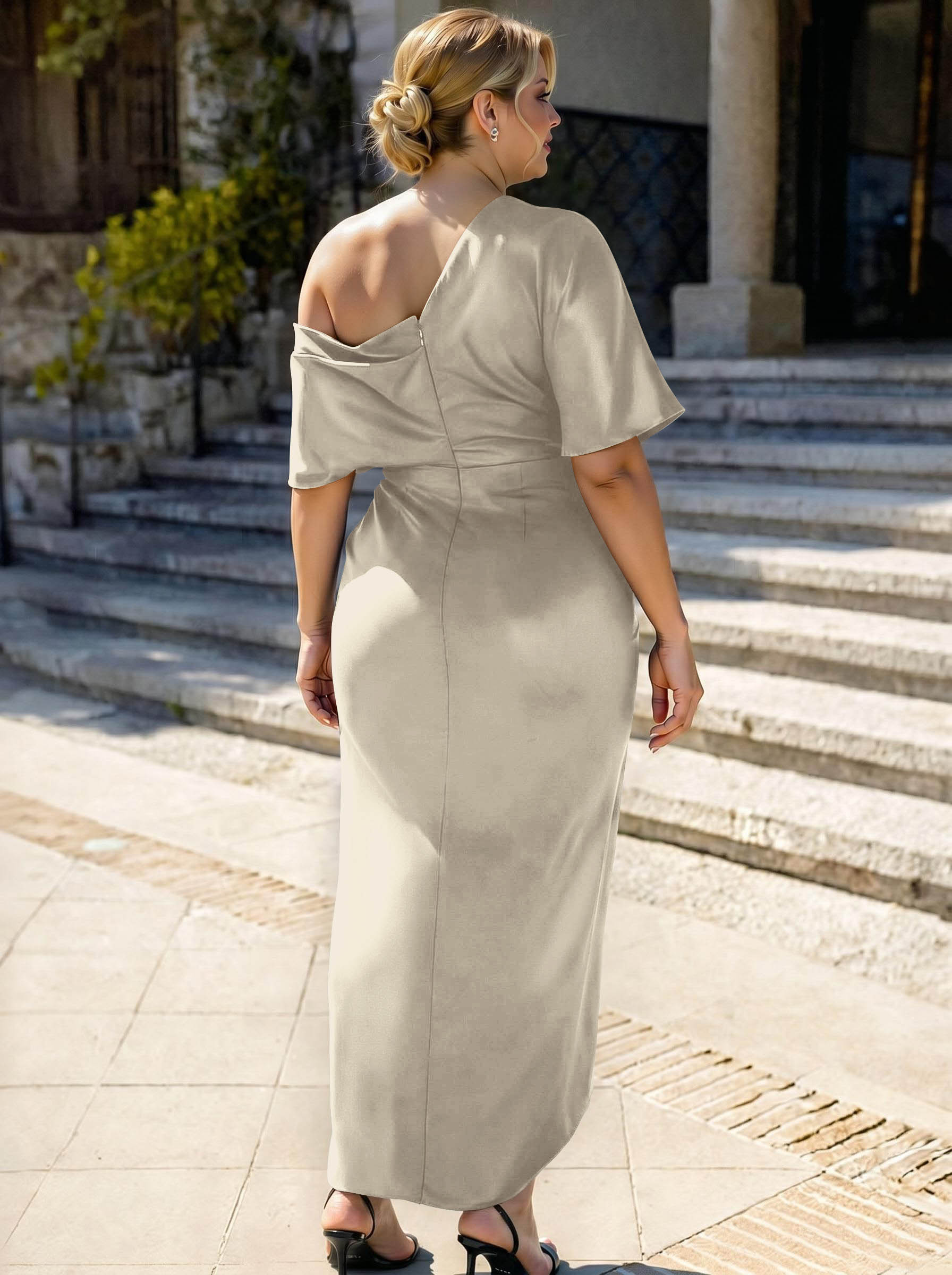 Sheath/Column Asymmetrical Sleeveless Satin Bridesmaid Dresses With Ruffle, product image 381