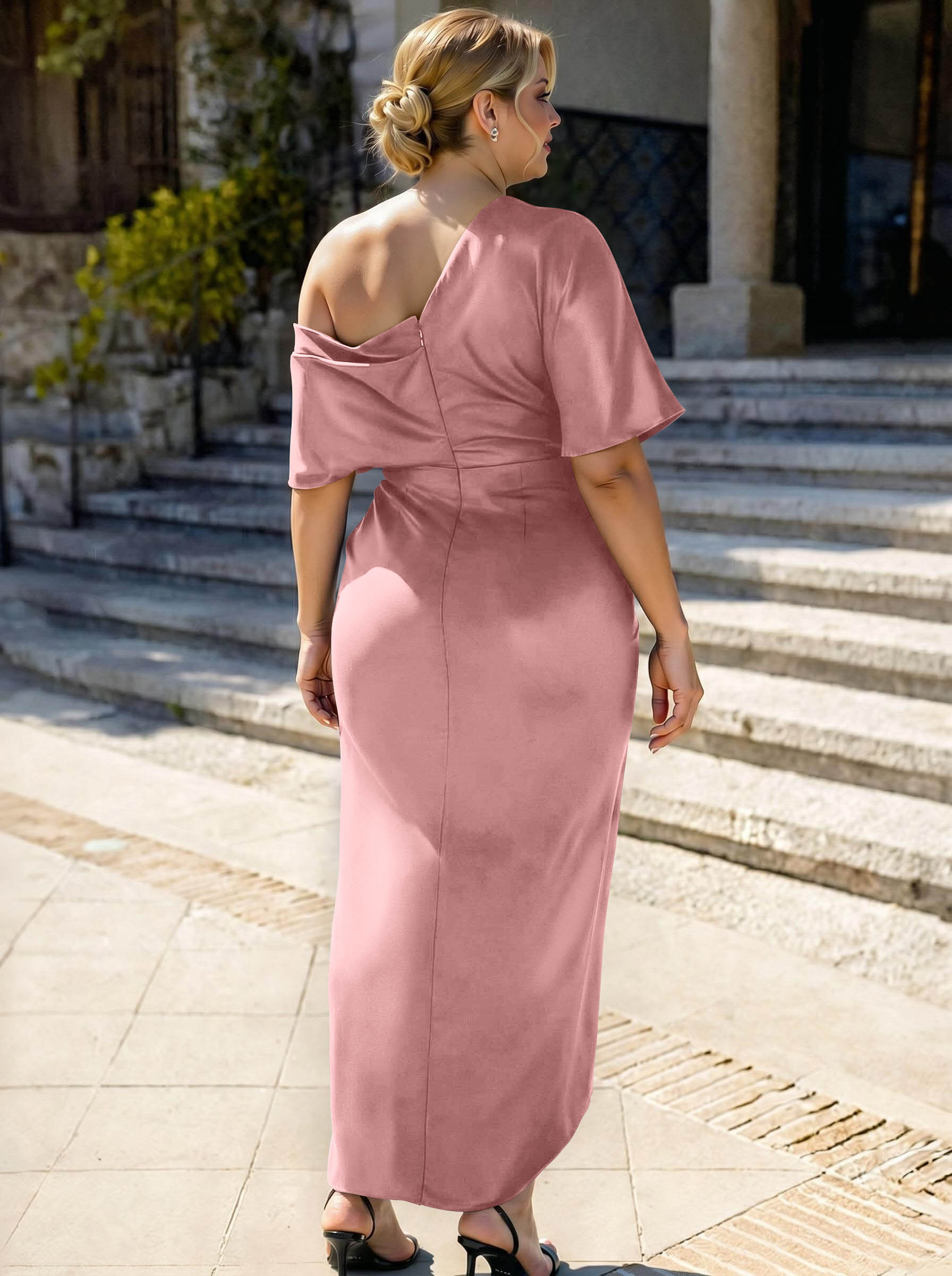 Sheath/Column Asymmetrical Sleeveless Satin Bridesmaid Dresses With Ruffle, product image 309