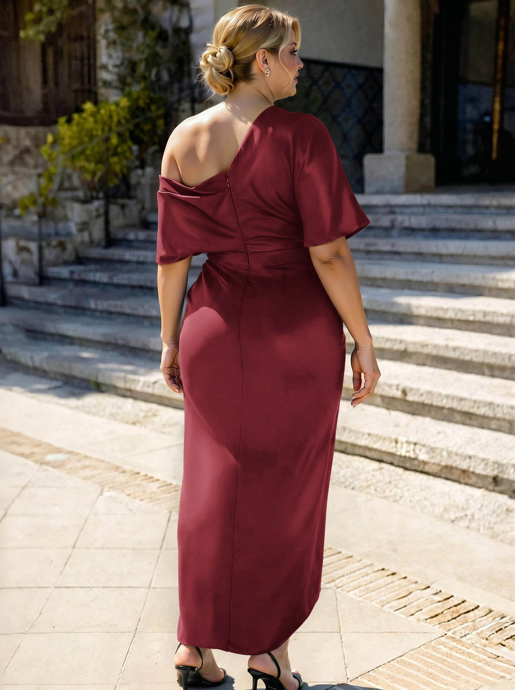 Sheath/Column Asymmetrical Sleeveless Satin Bridesmaid Dresses With Ruffle, product image 321