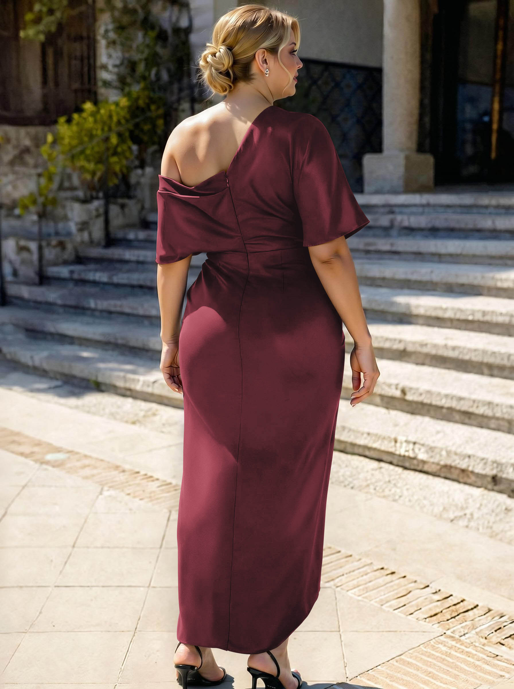 Sheath/Column Asymmetrical Sleeveless Satin Bridesmaid Dresses With Ruffle, product image 323