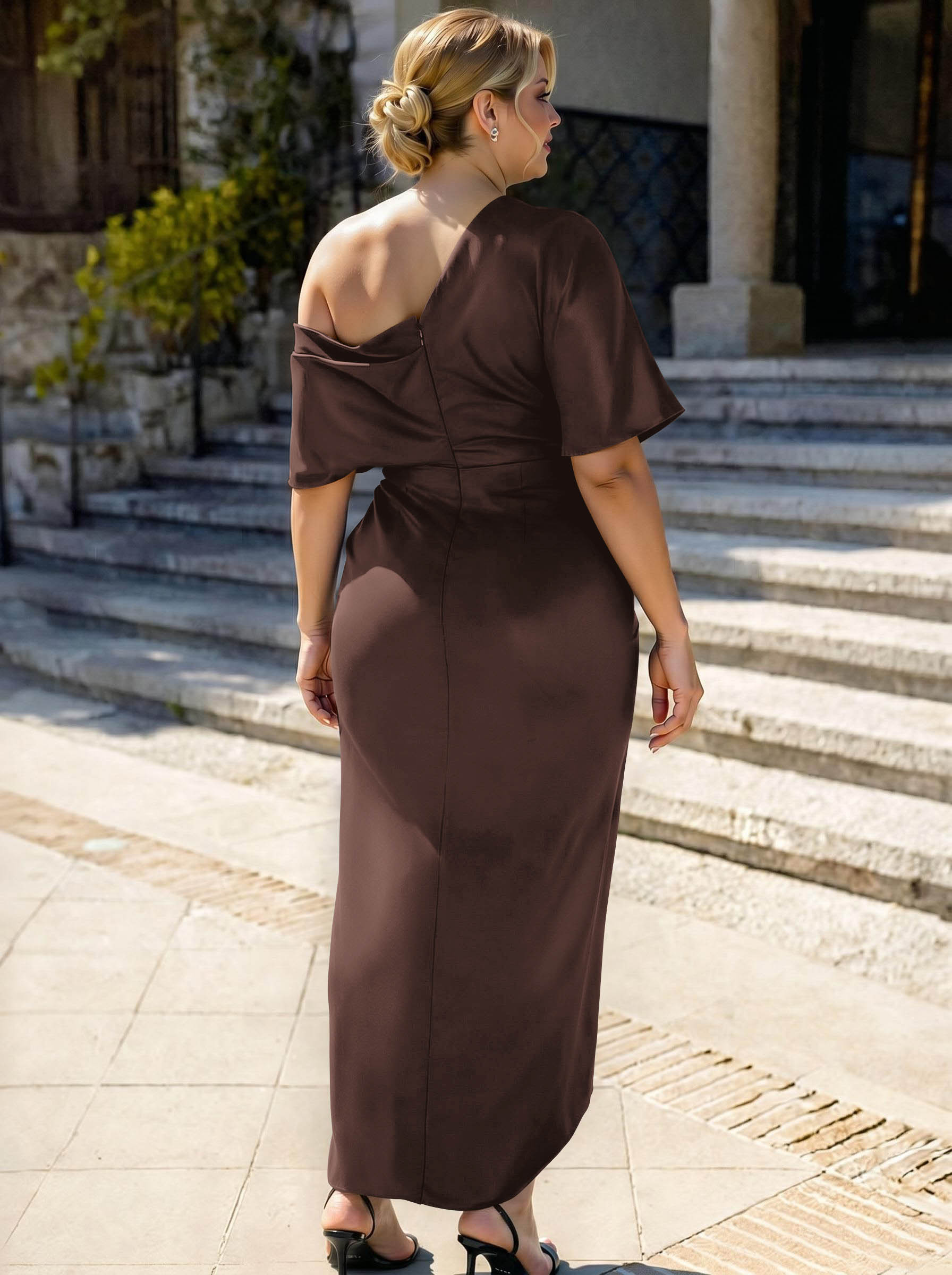 Sheath/Column Asymmetrical Sleeveless Satin Bridesmaid Dresses With Ruffle, product image 395