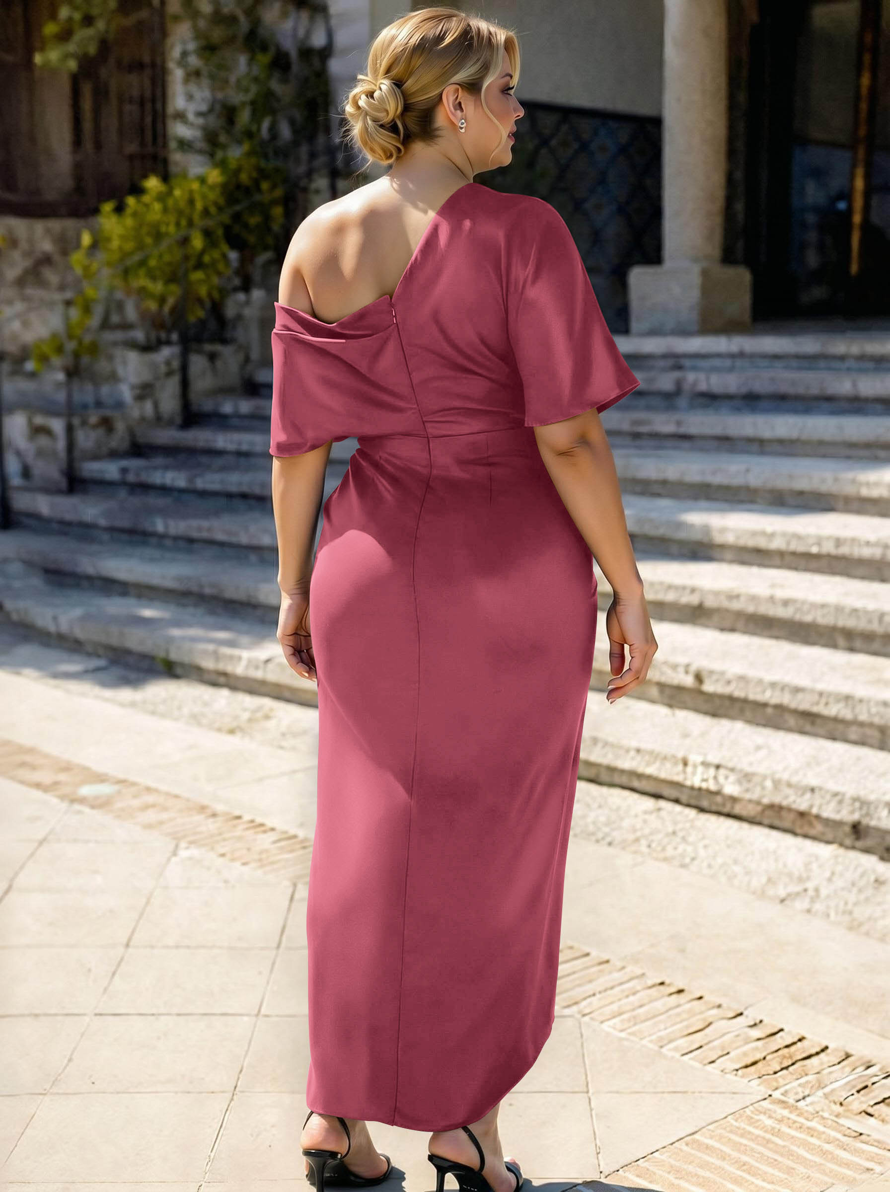 Sheath/Column Asymmetrical Sleeveless Satin Bridesmaid Dresses With Ruffle, product image 325