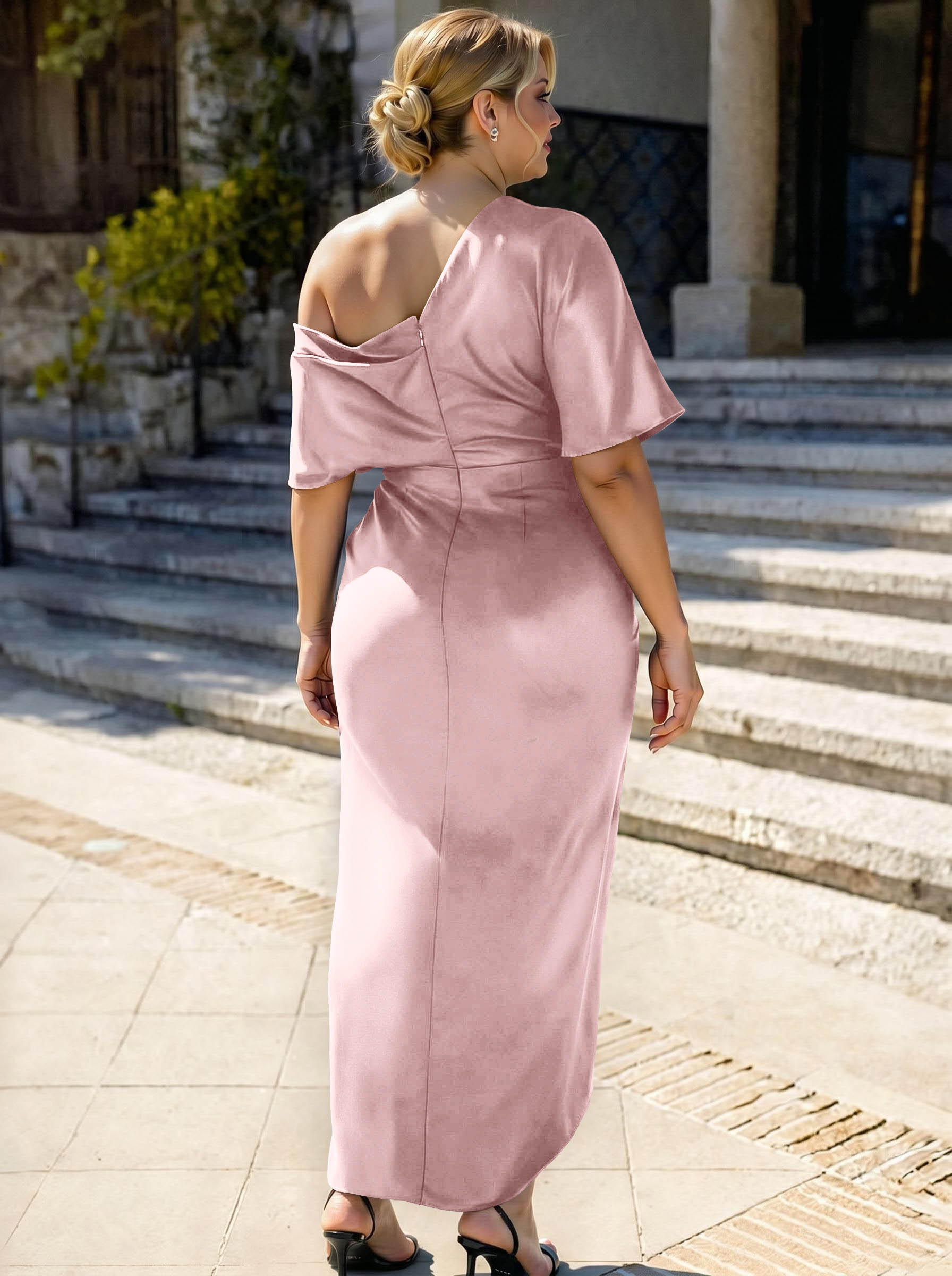 Sheath/Column Asymmetrical Sleeveless Satin Bridesmaid Dresses With Ruffle, product image 305