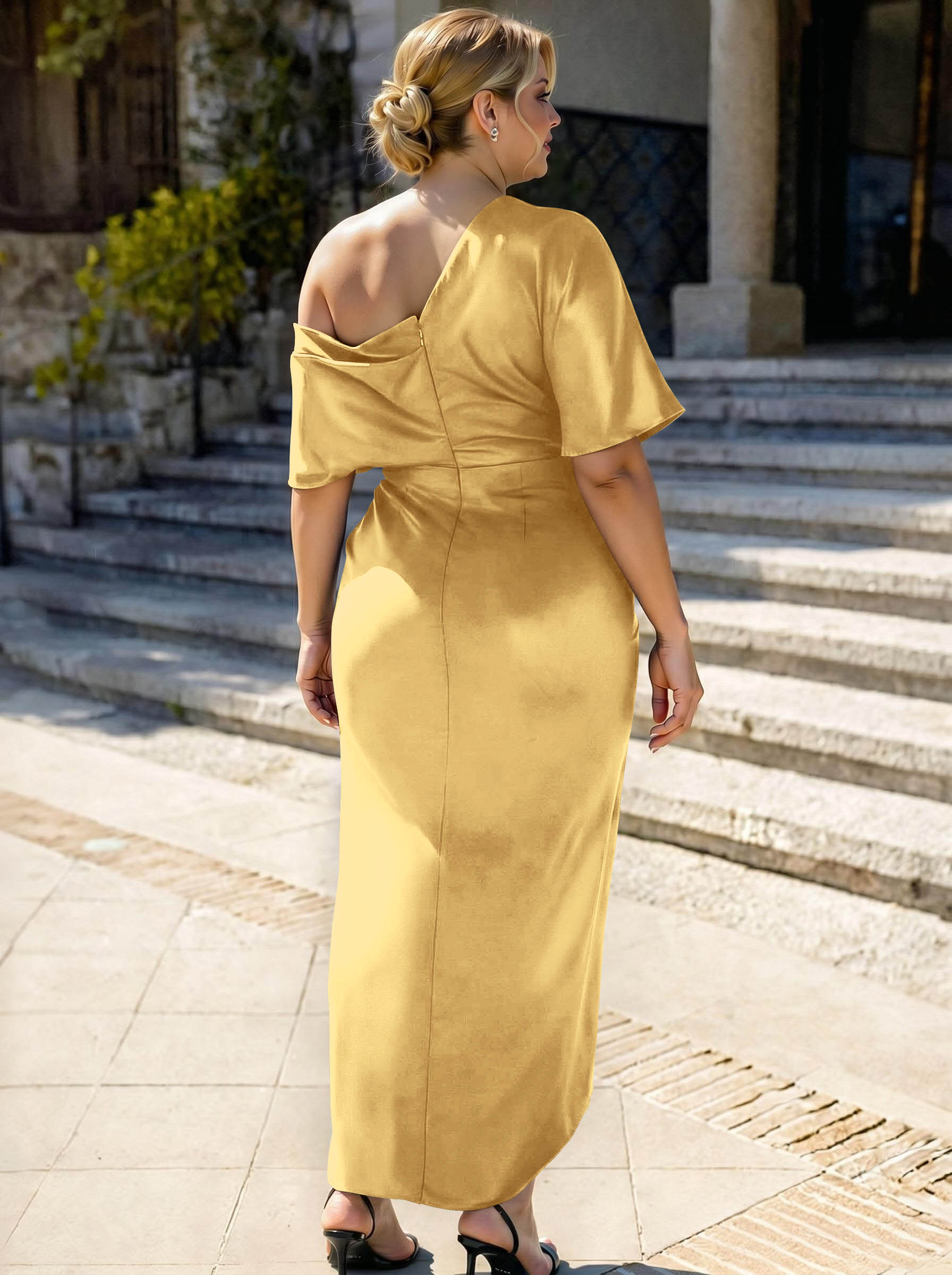 Sheath/Column Asymmetrical Sleeveless Satin Bridesmaid Dresses With Ruffle, product image 385
