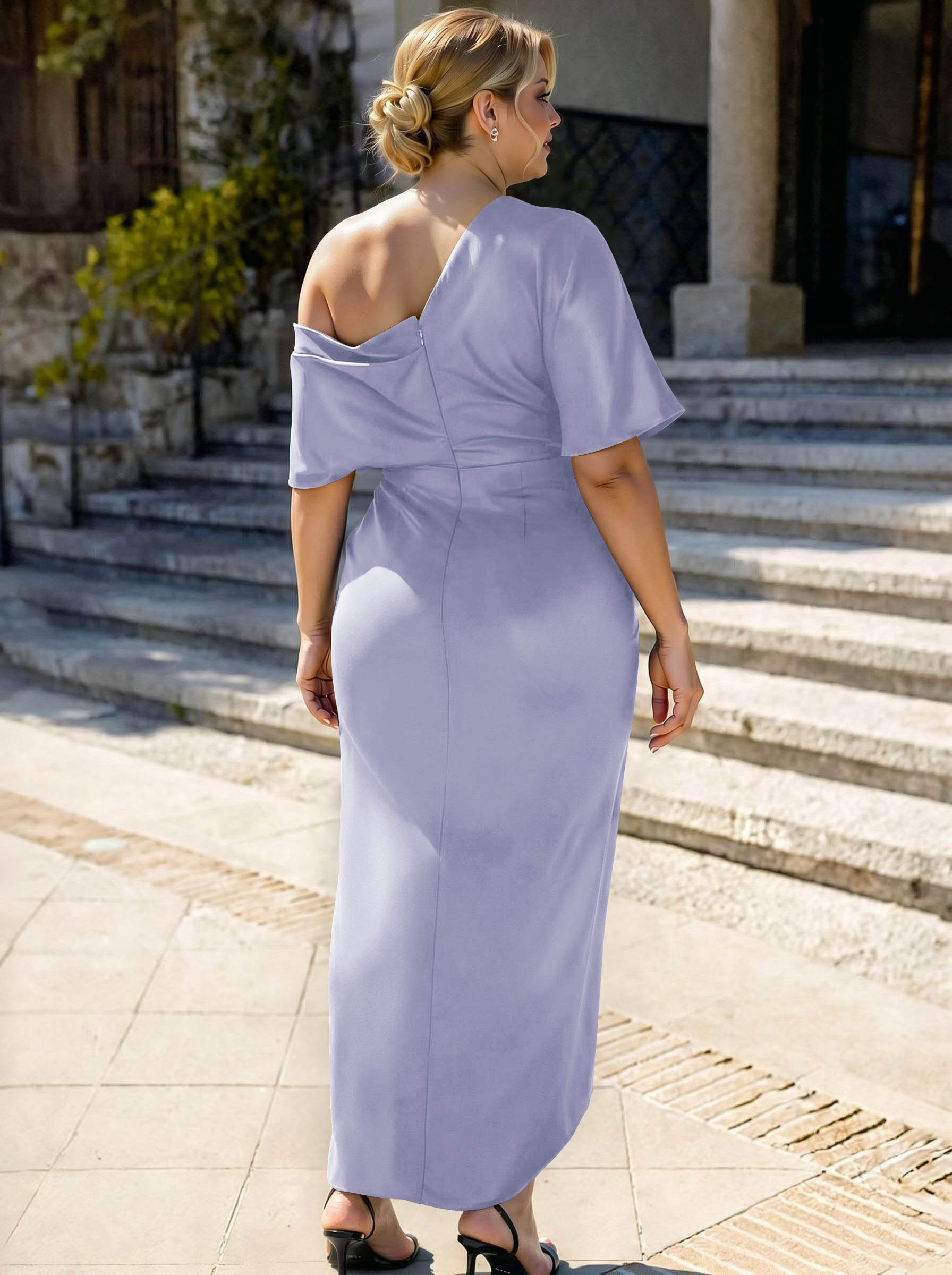 Sheath/Column Asymmetrical Sleeveless Satin Bridesmaid Dresses With Ruffle, product image 351