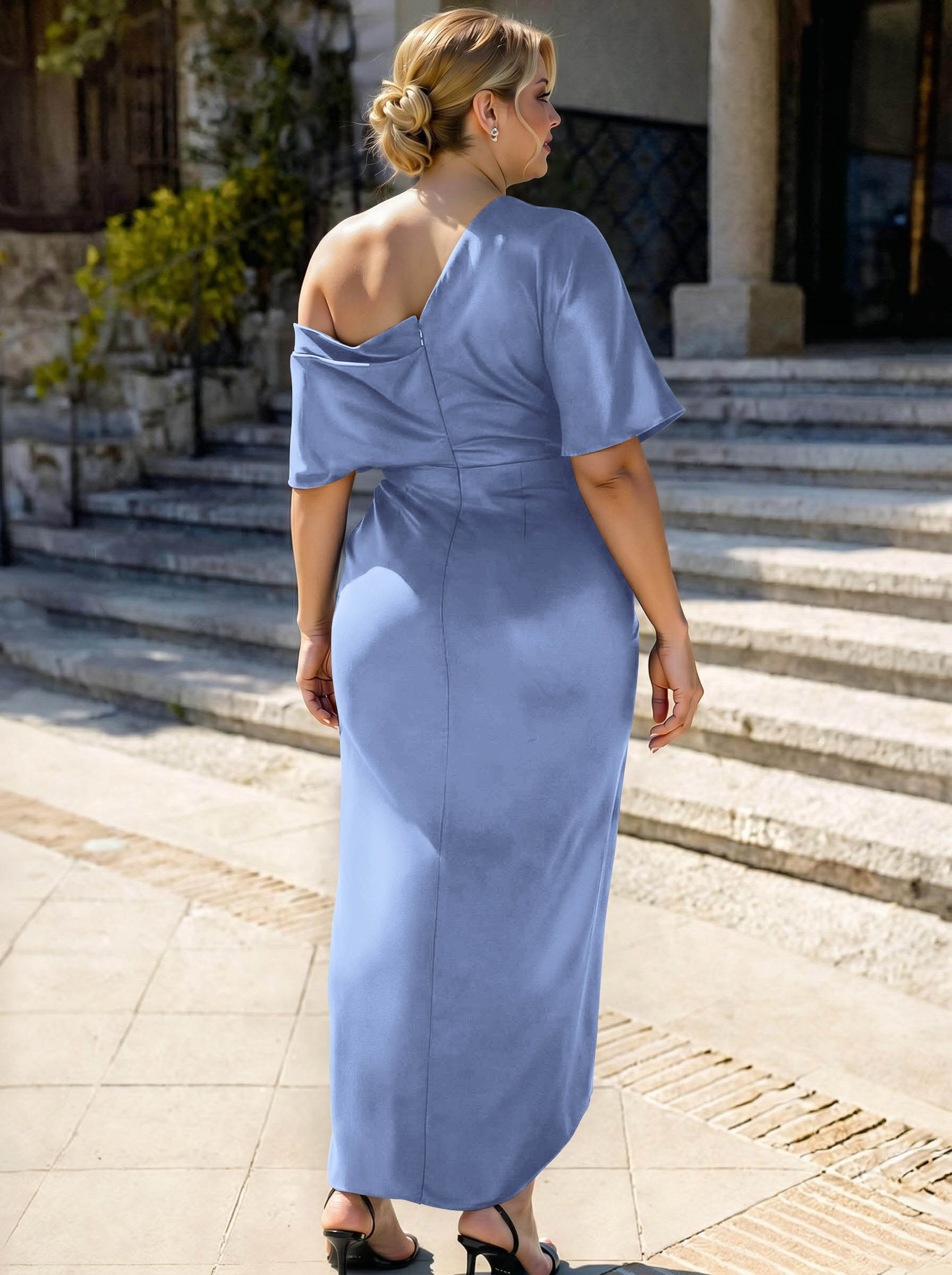 Sheath/Column Asymmetrical Sleeveless Satin Bridesmaid Dresses With Ruffle, product image 299