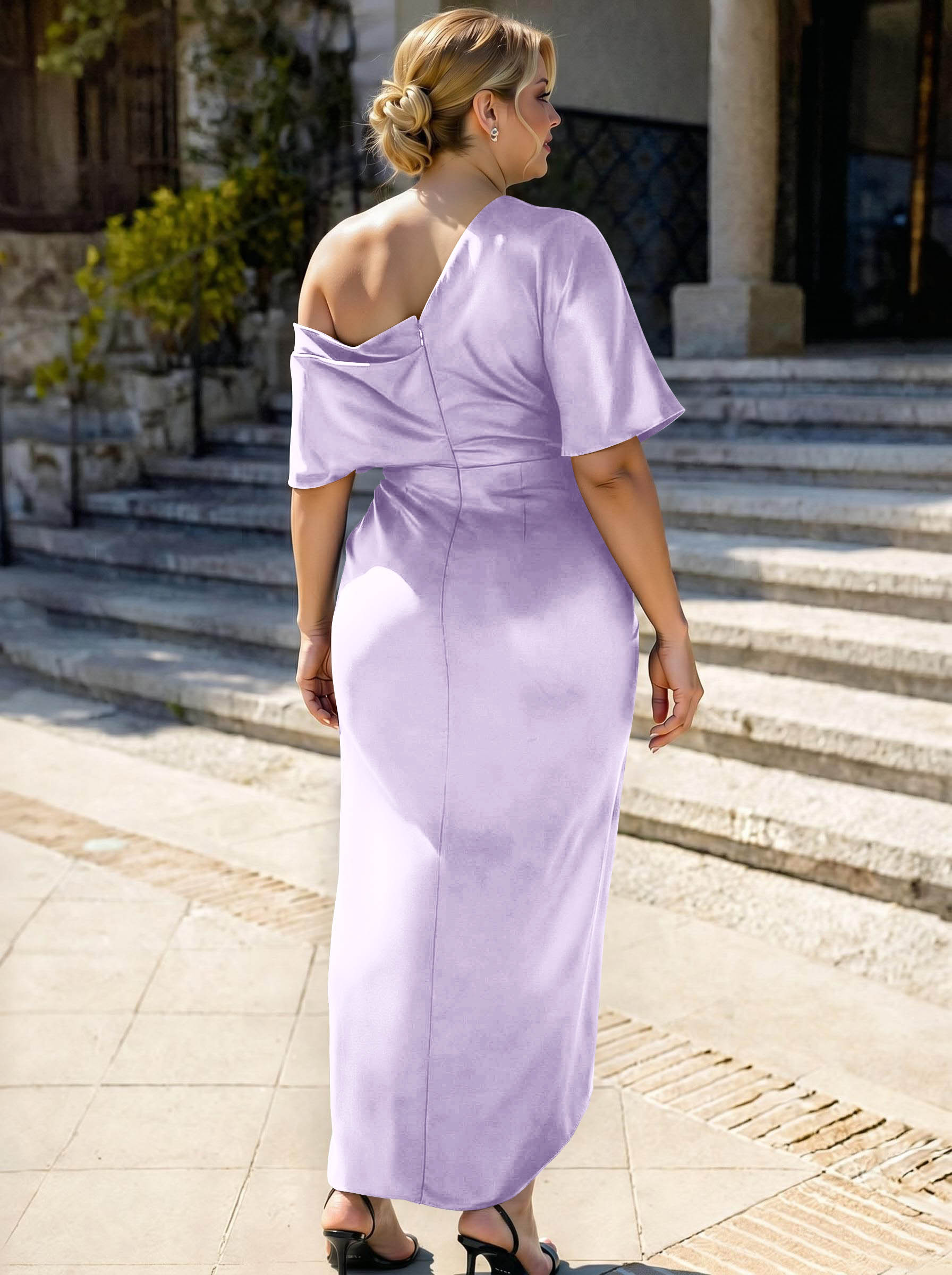 Sheath/Column Asymmetrical Sleeveless Satin Bridesmaid Dresses With Ruffle, product image 349