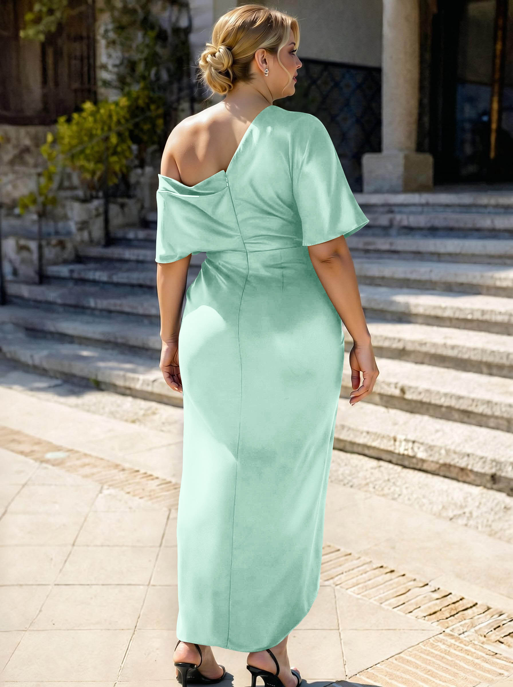 Sheath/Column Asymmetrical Sleeveless Satin Bridesmaid Dresses With Ruffle, product image 373
