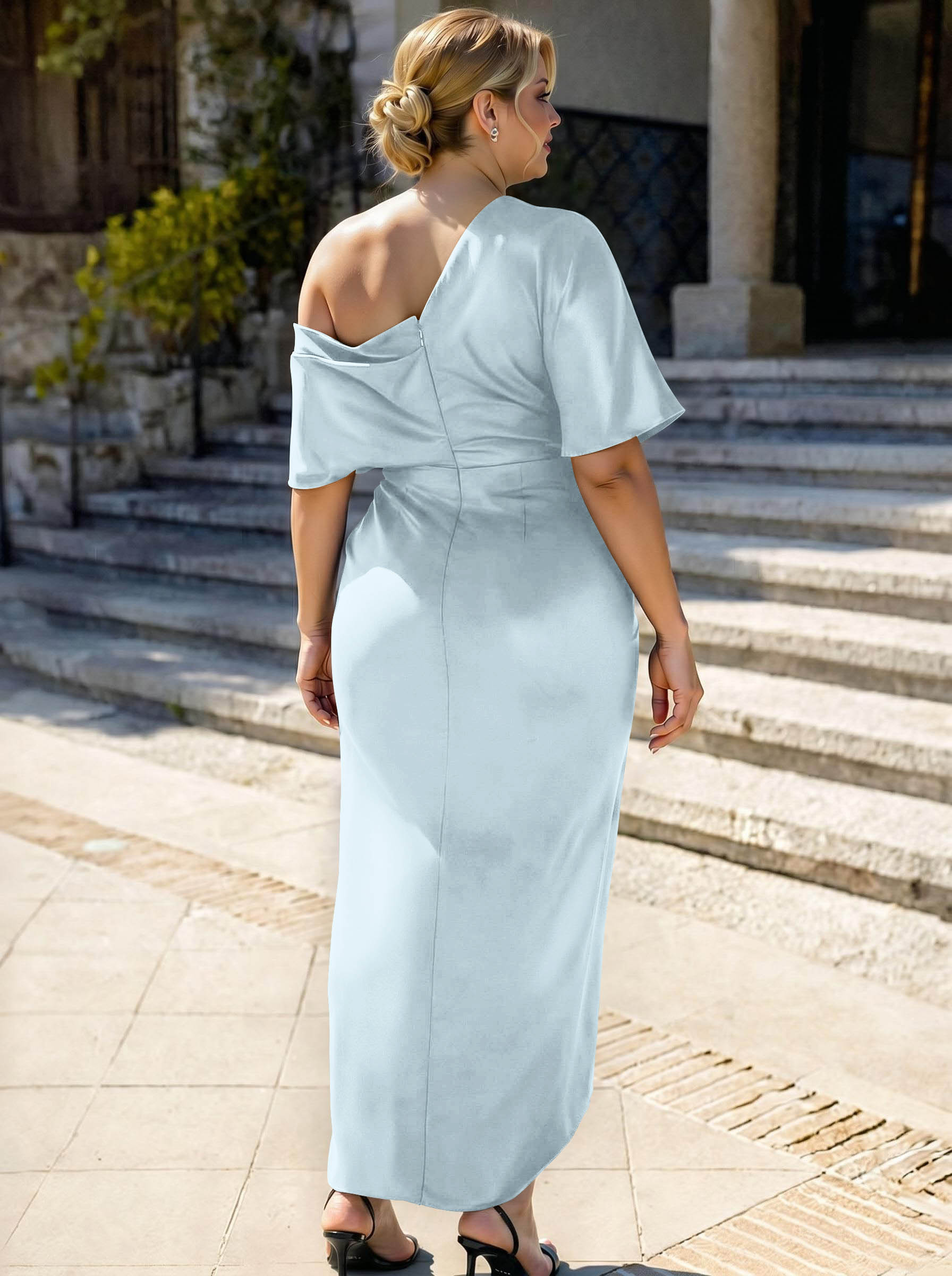 Sheath/Column Asymmetrical Sleeveless Satin Bridesmaid Dresses With Ruffle, product image 375