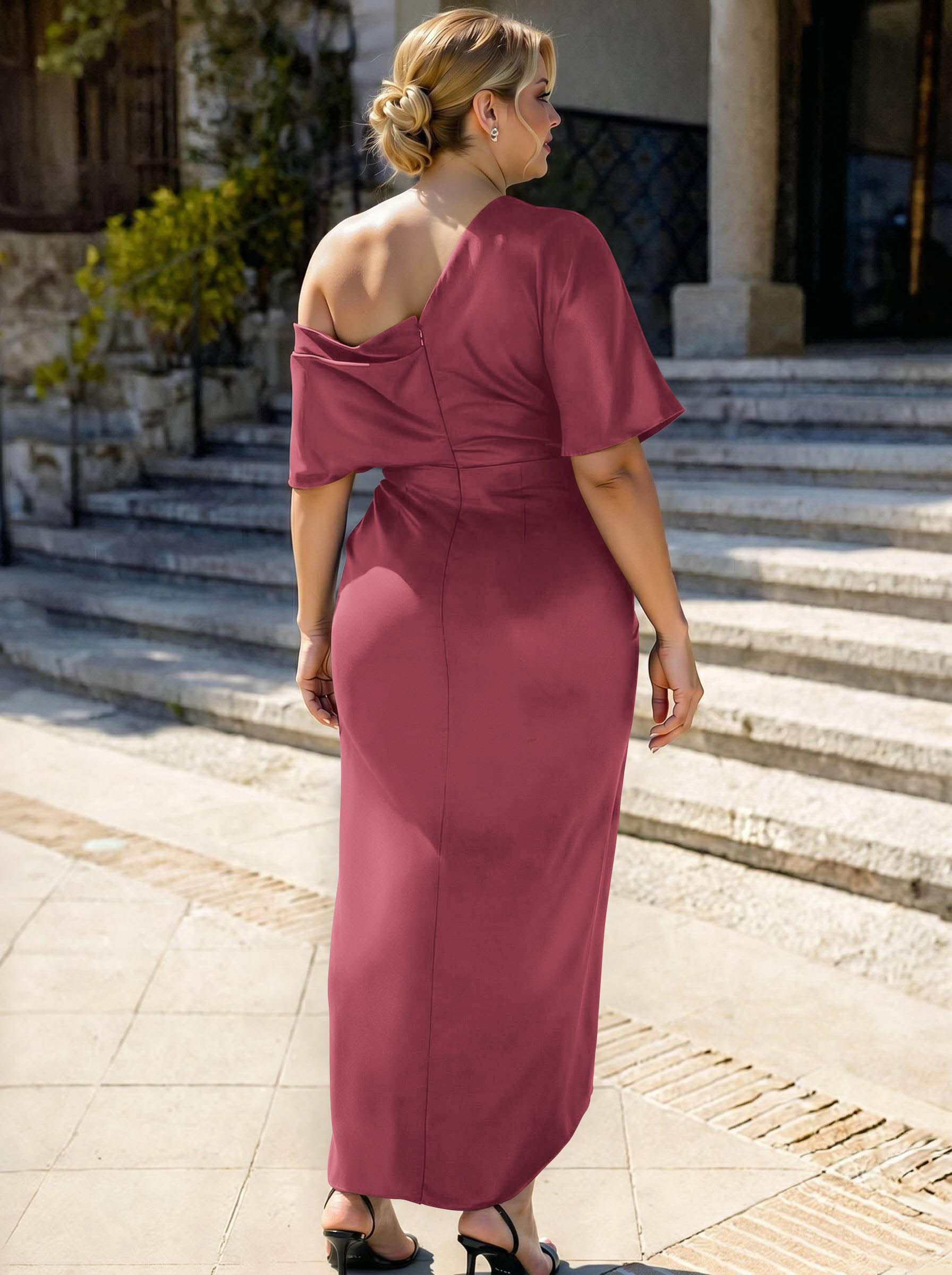 Sheath/Column Asymmetrical Sleeveless Satin Bridesmaid Dresses With Ruffle, product image 327