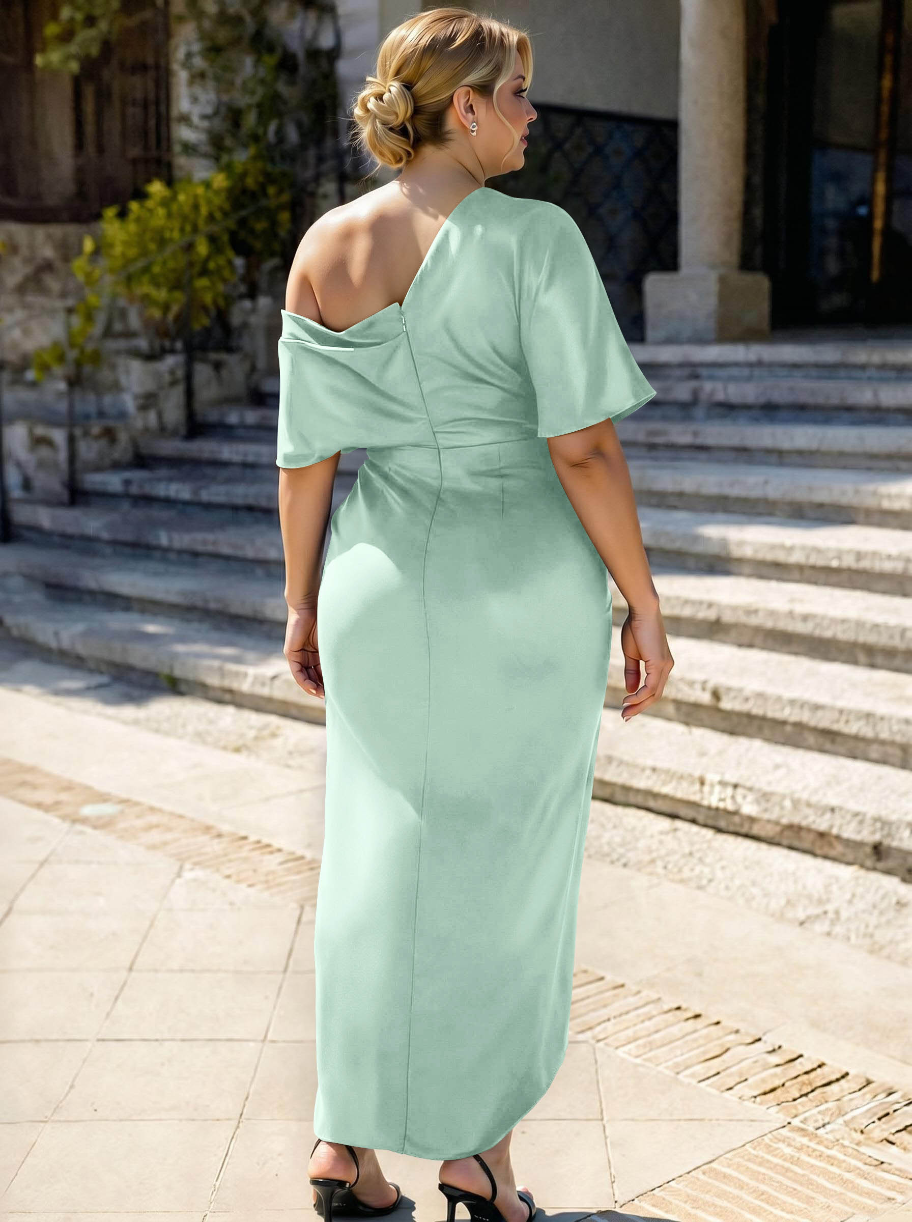 Sheath/Column Asymmetrical Sleeveless Satin Bridesmaid Dresses With Ruffle, product image 359