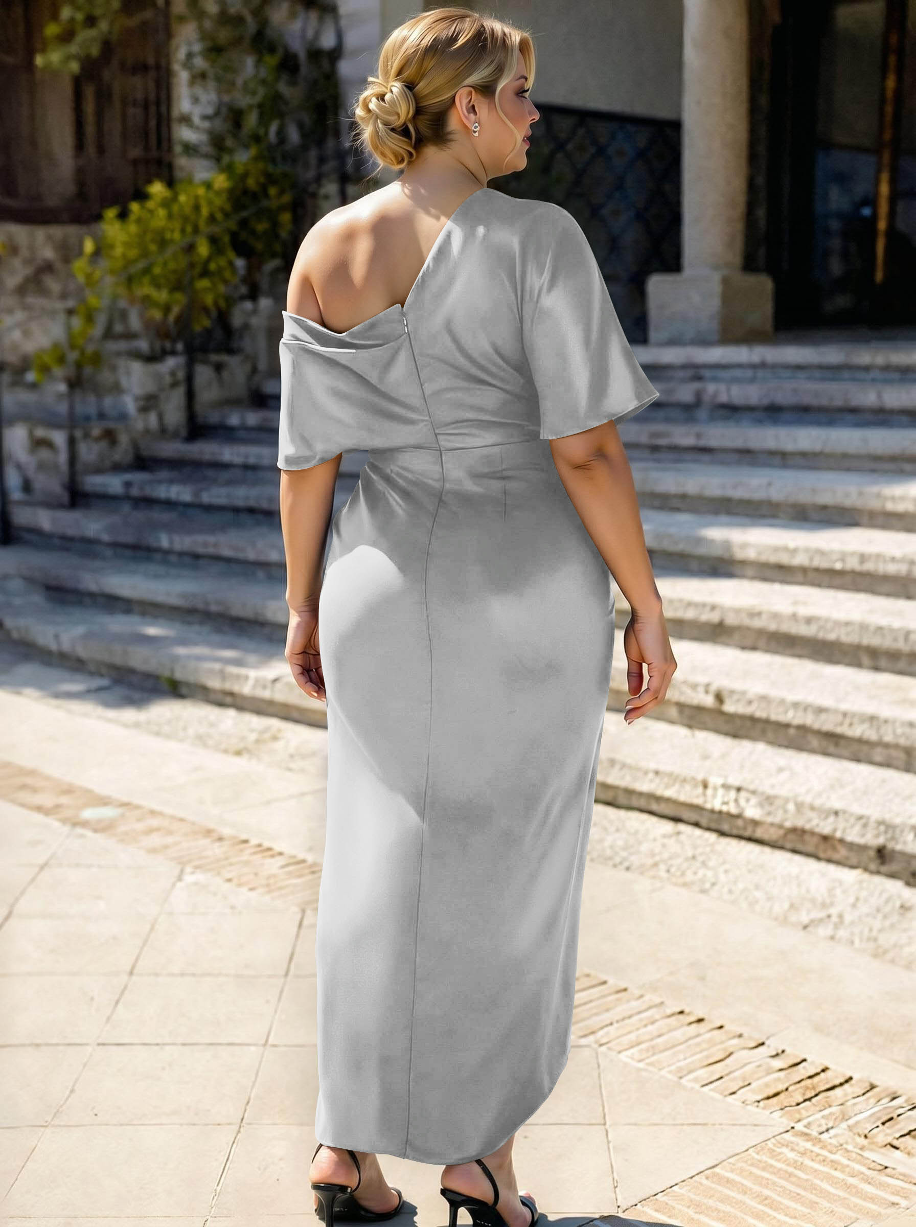 Sheath/Column Asymmetrical Sleeveless Satin Bridesmaid Dresses With Ruffle, product image 401