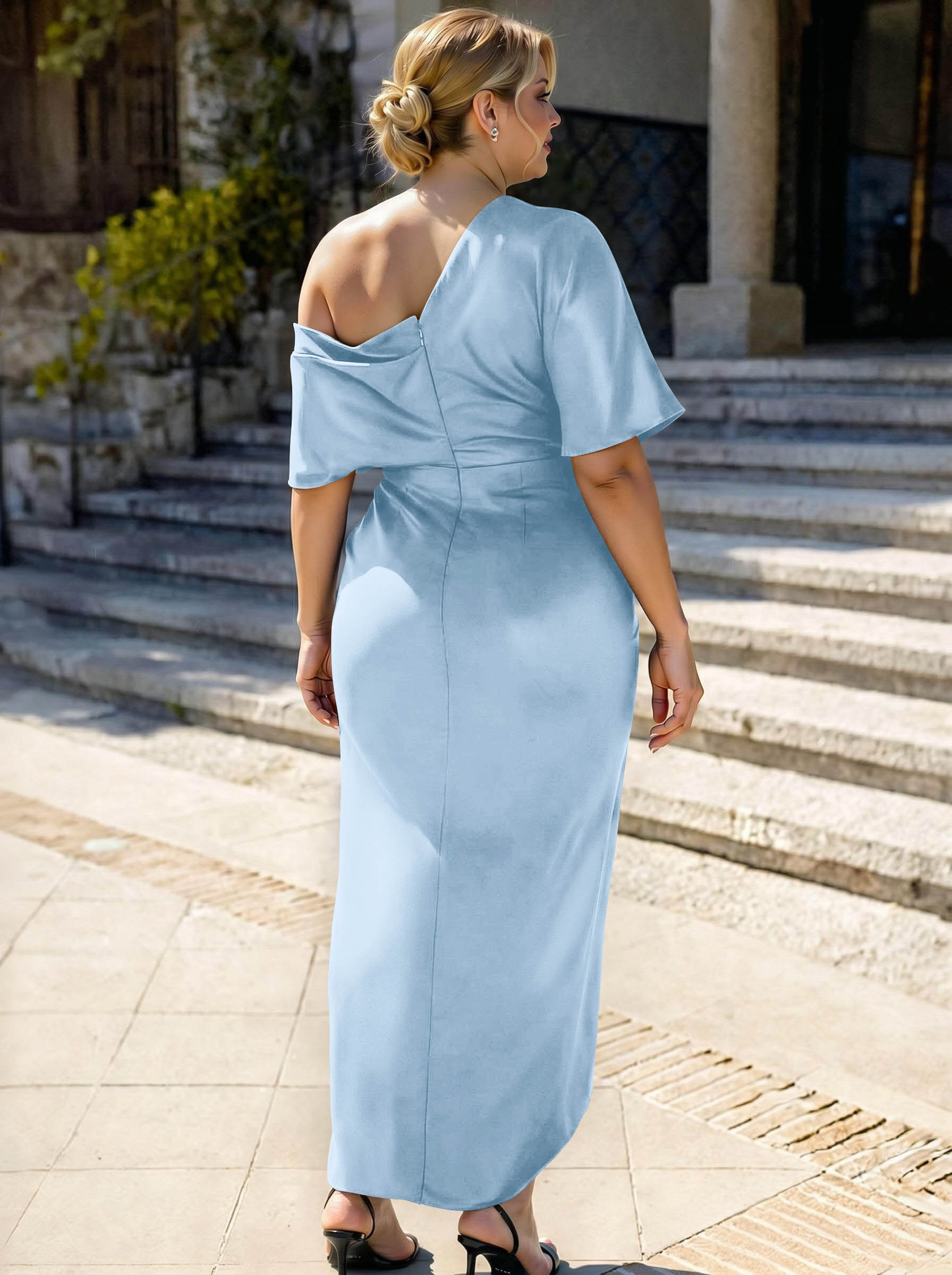 Sheath/Column Asymmetrical Sleeveless Satin Bridesmaid Dresses With Ruffle, product image 291