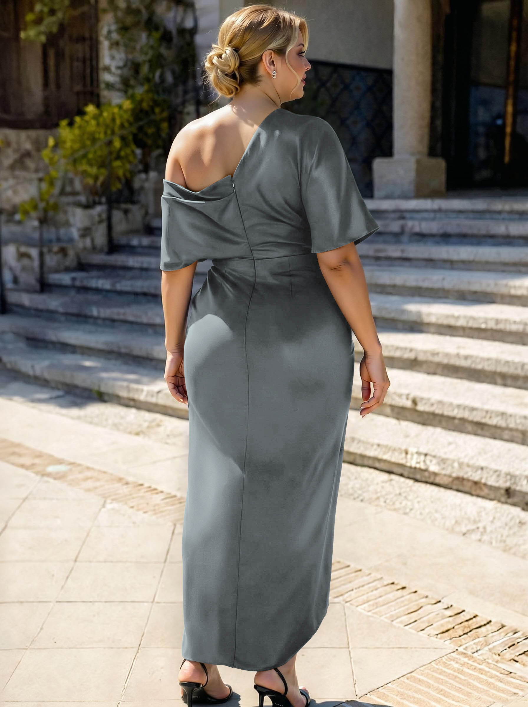 Sheath/Column Asymmetrical Sleeveless Satin Bridesmaid Dresses With Ruffle, product image 403
