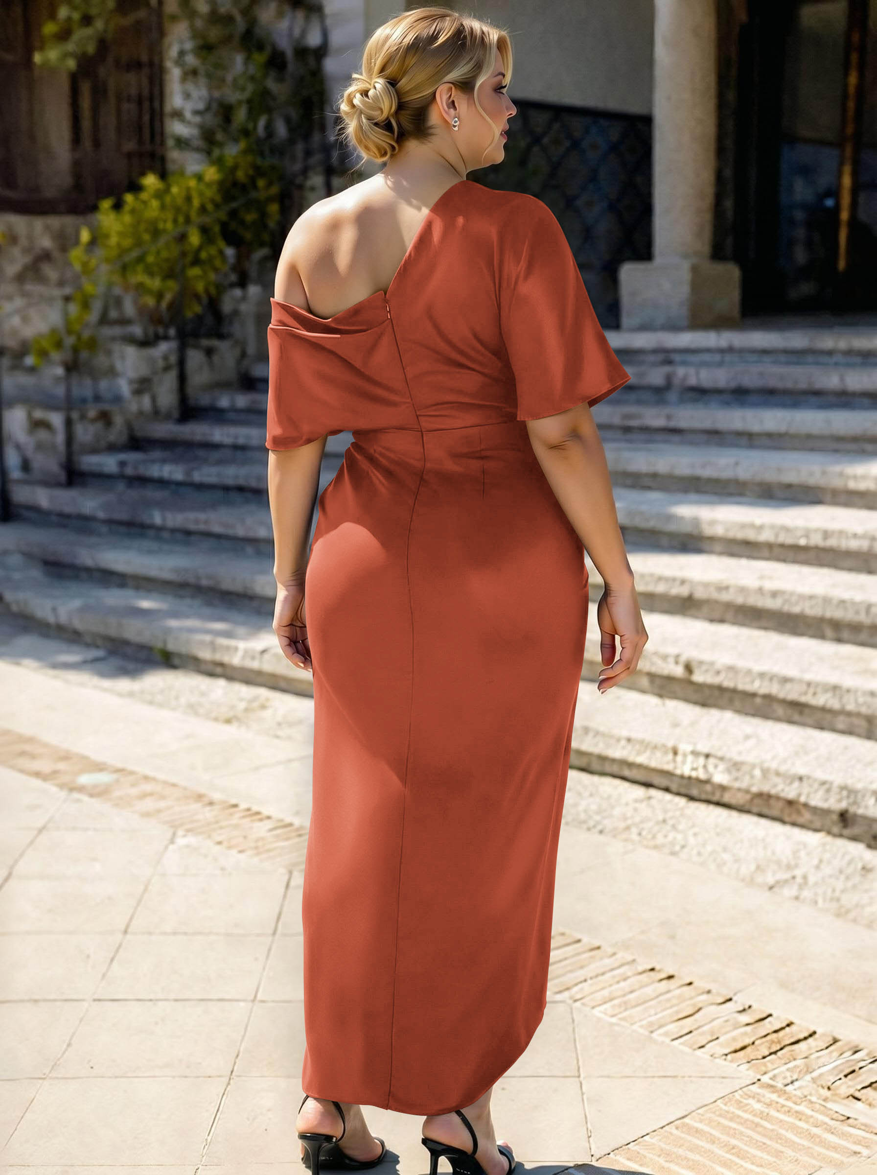 Sheath/Column Asymmetrical Sleeveless Satin Bridesmaid Dresses With Ruffle, product image 407