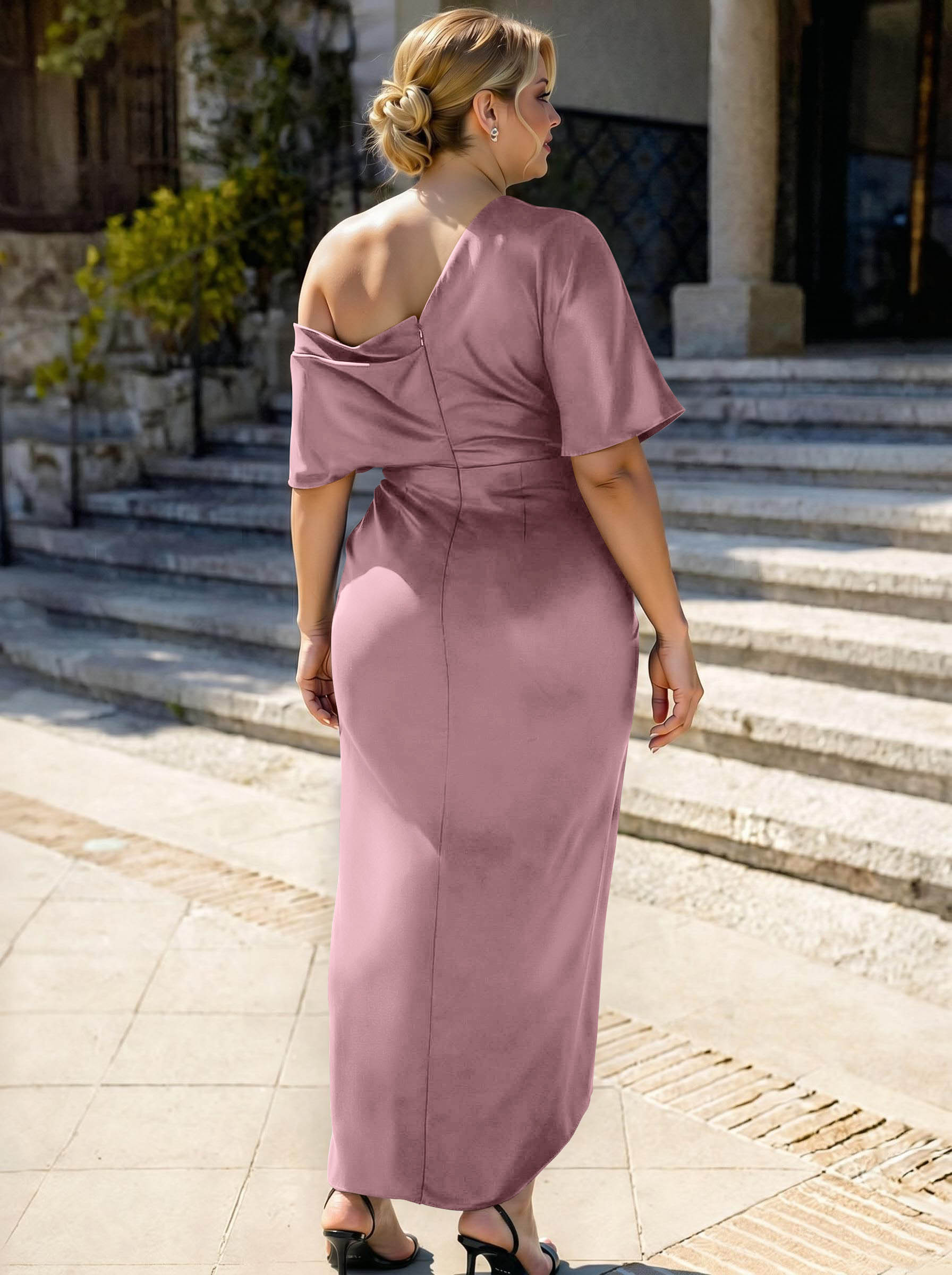 Sheath/Column Asymmetrical Sleeveless Satin Bridesmaid Dresses With Ruffle, product image 345