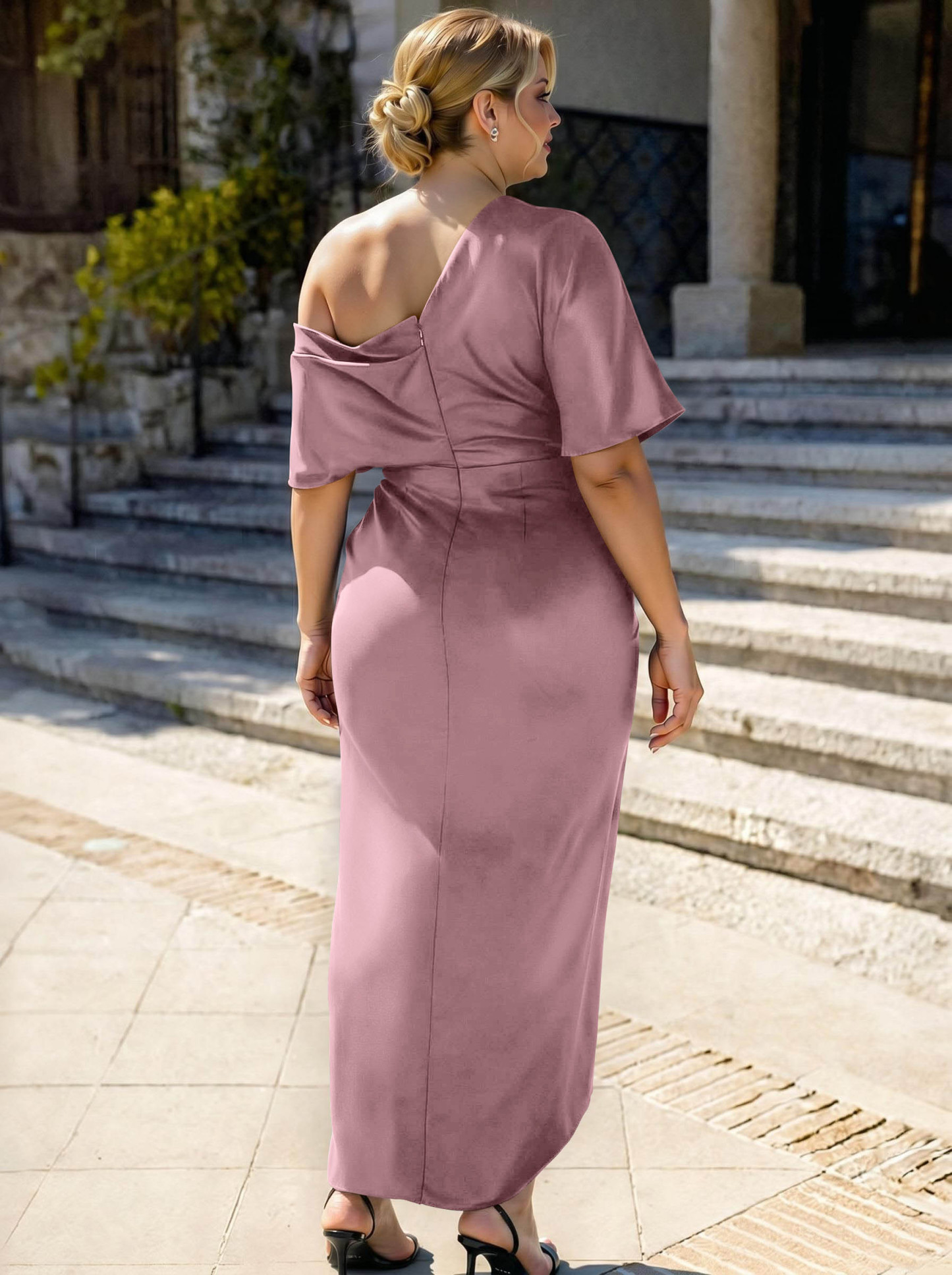 Sheath/Column Asymmetrical Sleeveless Satin Bridesmaid Dresses With Ruffle, product image 345
