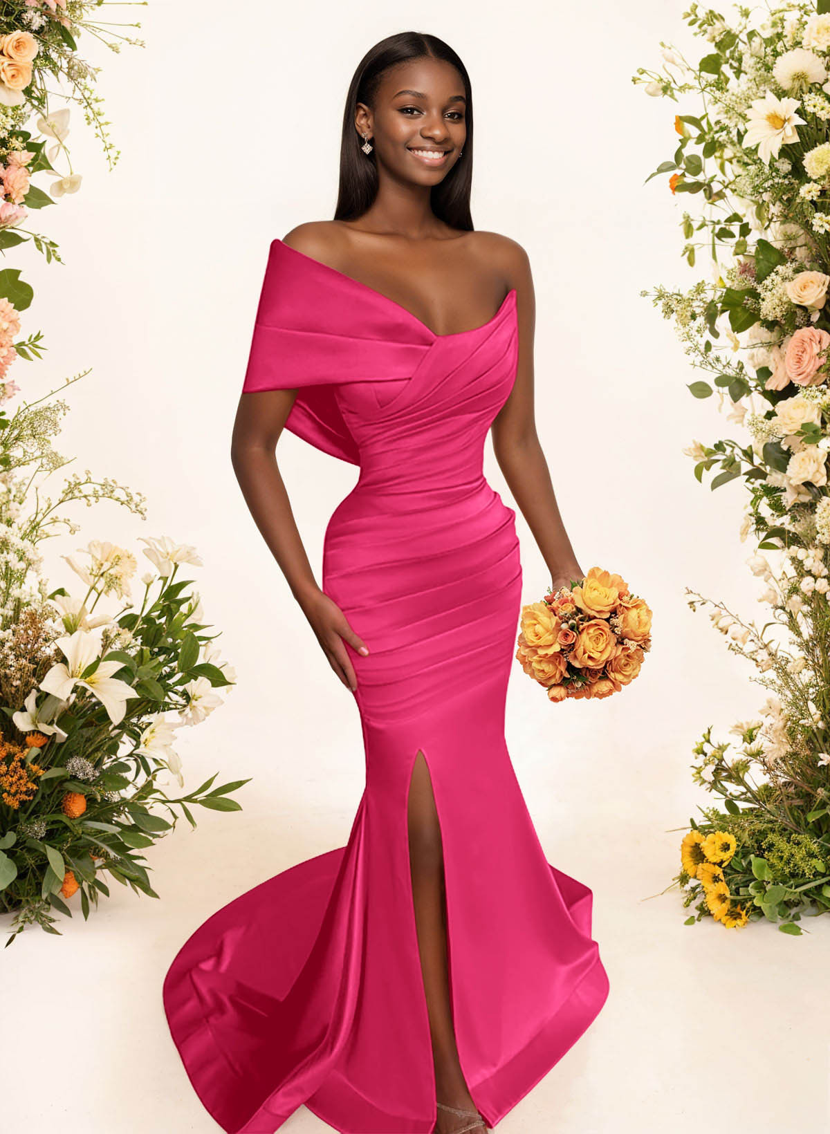 One-Shoulder Sleeveless Sweep Train Satin Bridesmaid Dresses With Split Front, product image 32