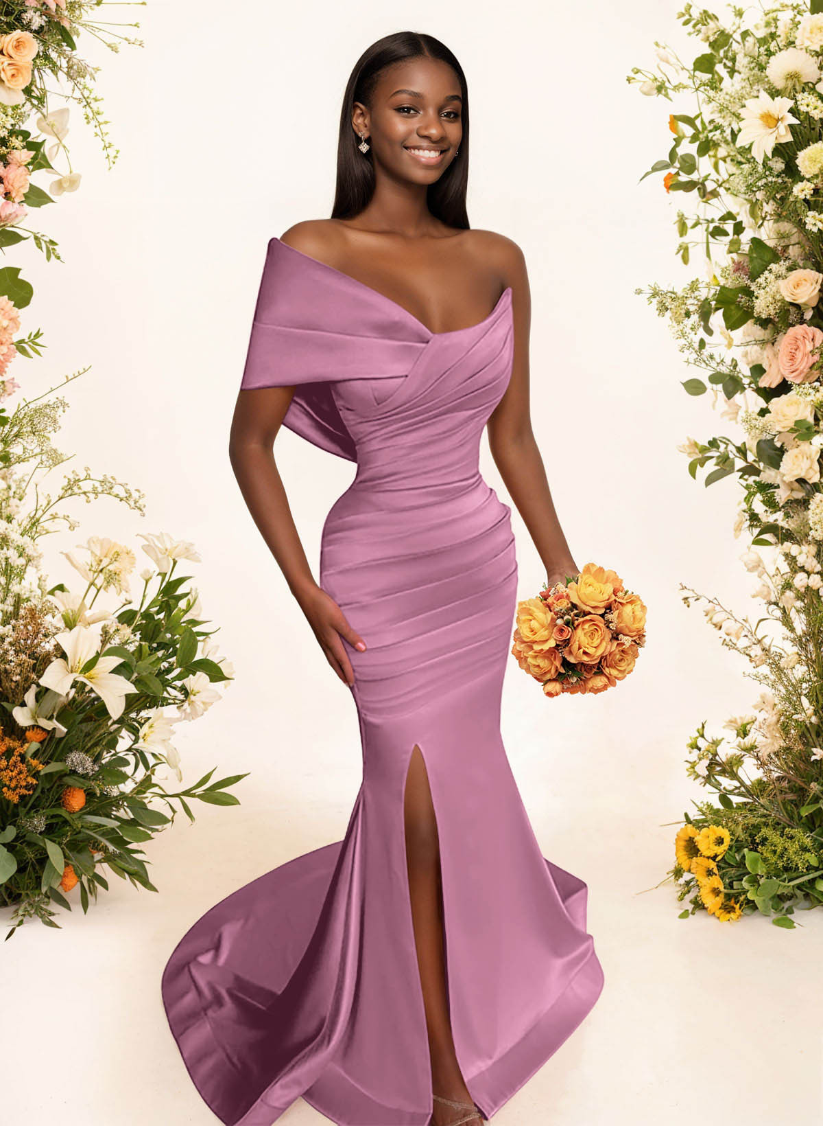 One-Shoulder Sleeveless Sweep Train Satin Bridesmaid Dresses With Split Front, product image 76