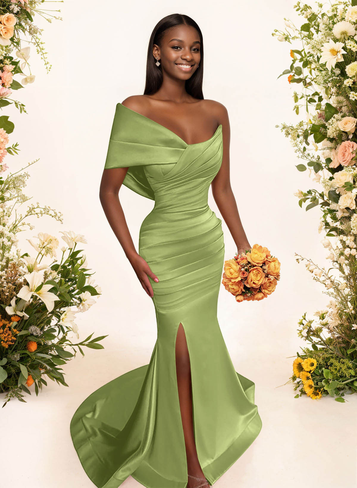 One-Shoulder Sleeveless Sweep Train Satin Bridesmaid Dresses With Split Front, product image 132
