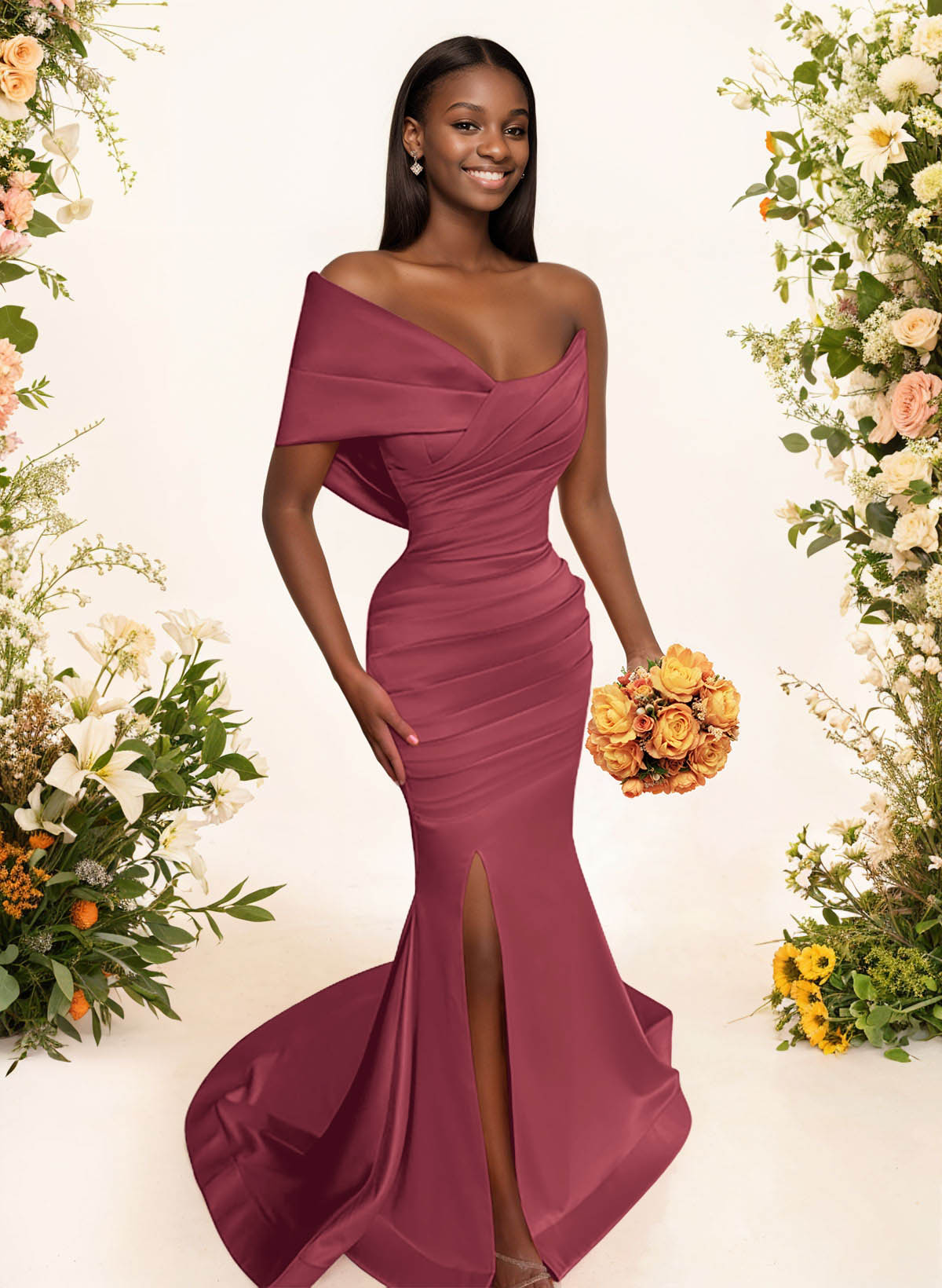 One-Shoulder Sleeveless Sweep Train Satin Bridesmaid Dresses With Split Front, product image 56