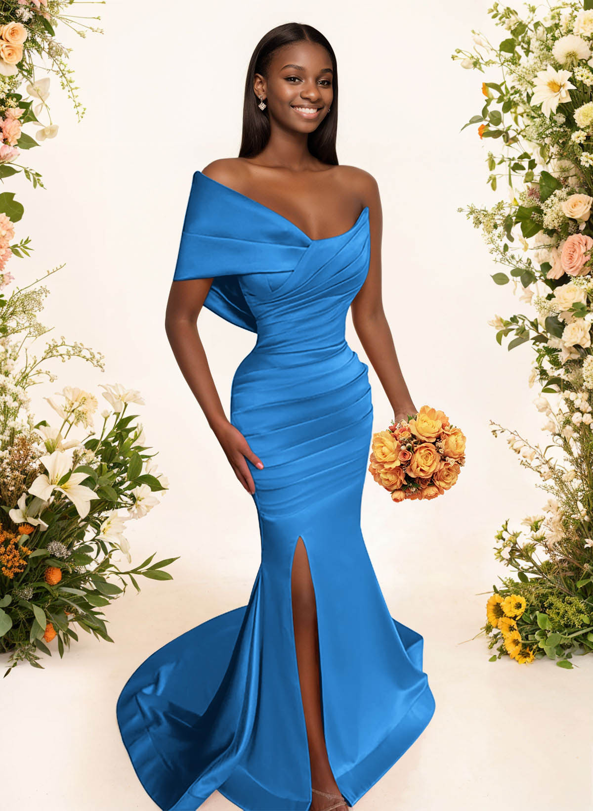One-Shoulder Sleeveless Sweep Train Satin Bridesmaid Dresses With Split Front, product image 26