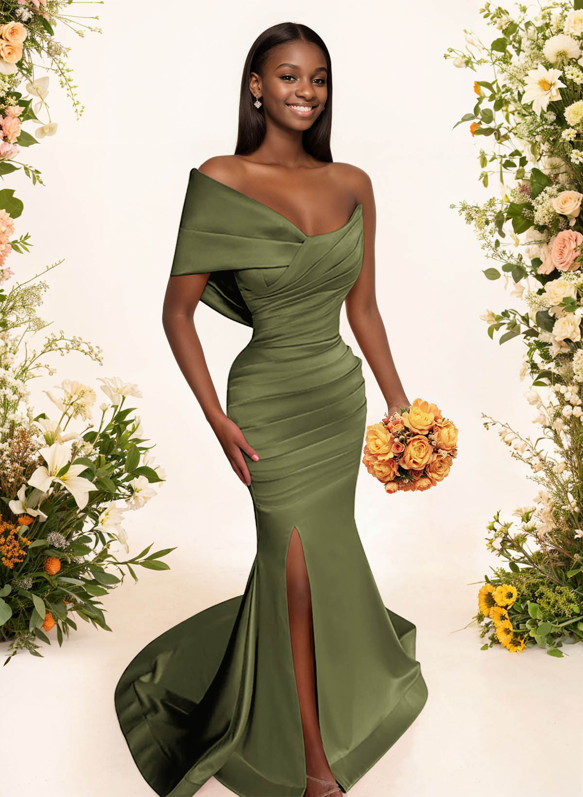 One-Shoulder Sleeveless Sweep Train Satin Bridesmaid Dresses With Split Front, product image 96