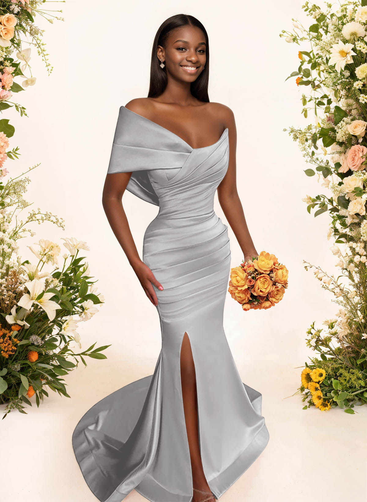 One-Shoulder Sleeveless Sweep Train Satin Bridesmaid Dresses With Split Front, product image 128