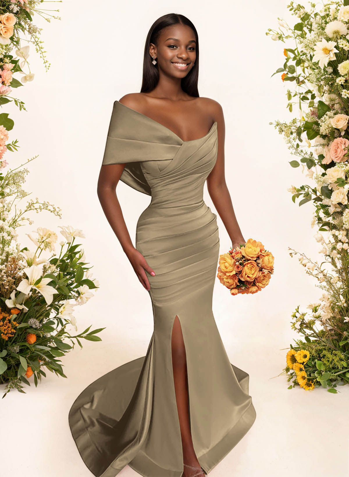 One-Shoulder Sleeveless Sweep Train Satin Bridesmaid Dresses With Split Front, product image 108